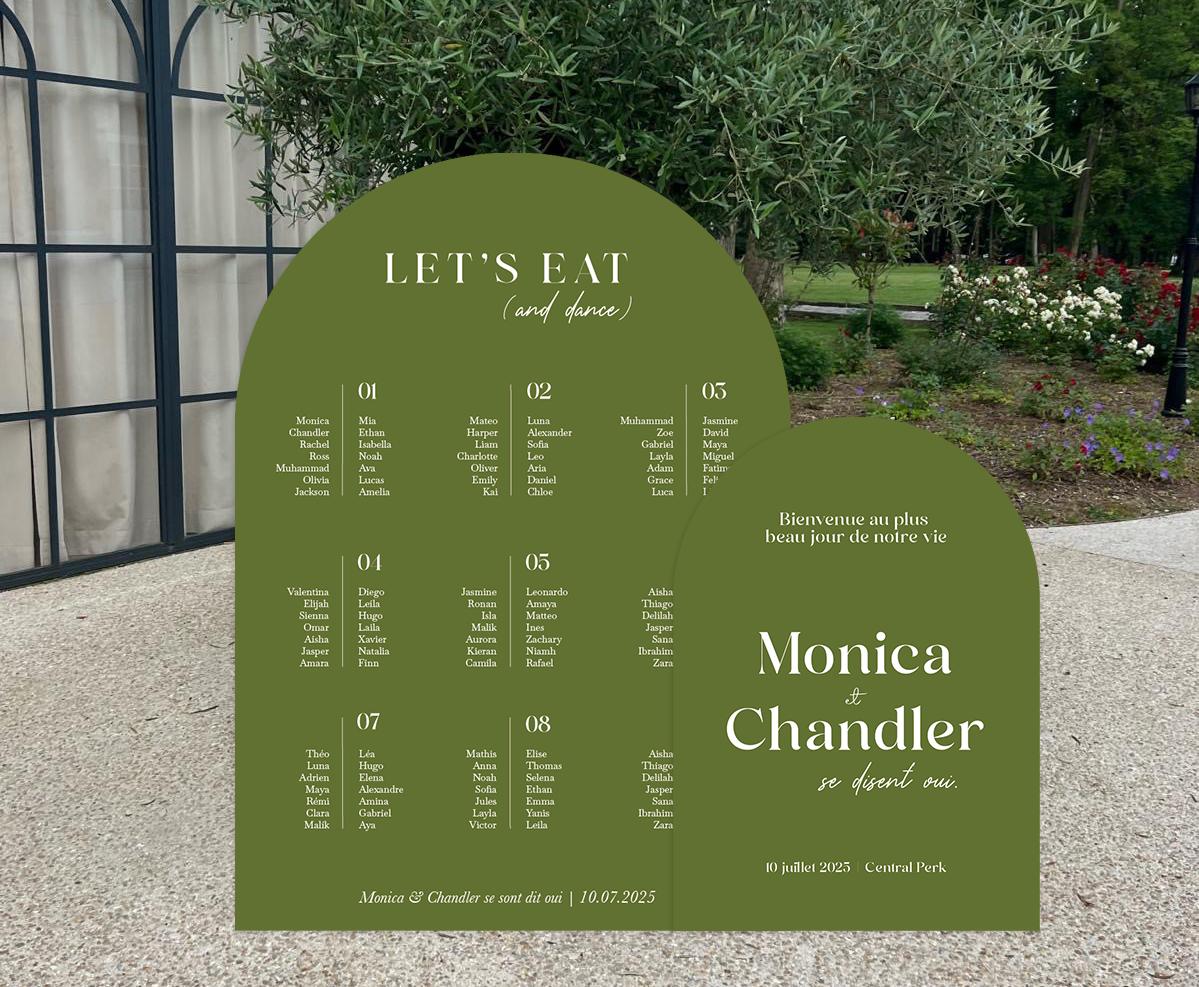 Duo plan de table et panneau de bienvenue en forme d'arche, titre let's eat (and dance) sur le plan de table et Bienvenue au plus beau jour de notre vie sur le plan de table, coloris kaki et blan.