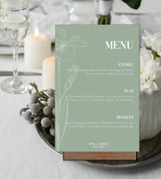 Personalized sage green wedding meal menu