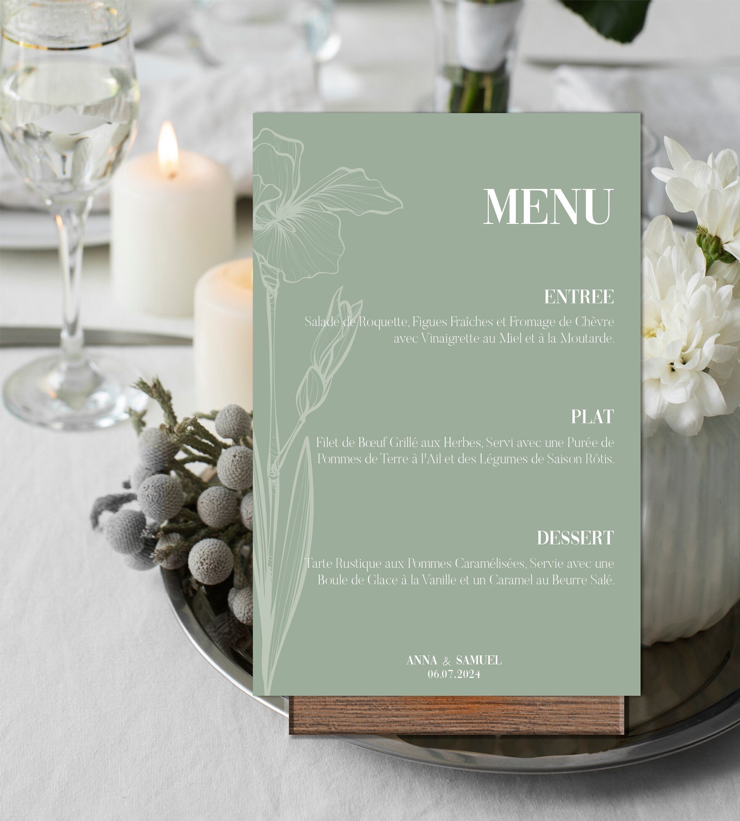Personalized sage green wedding meal menu