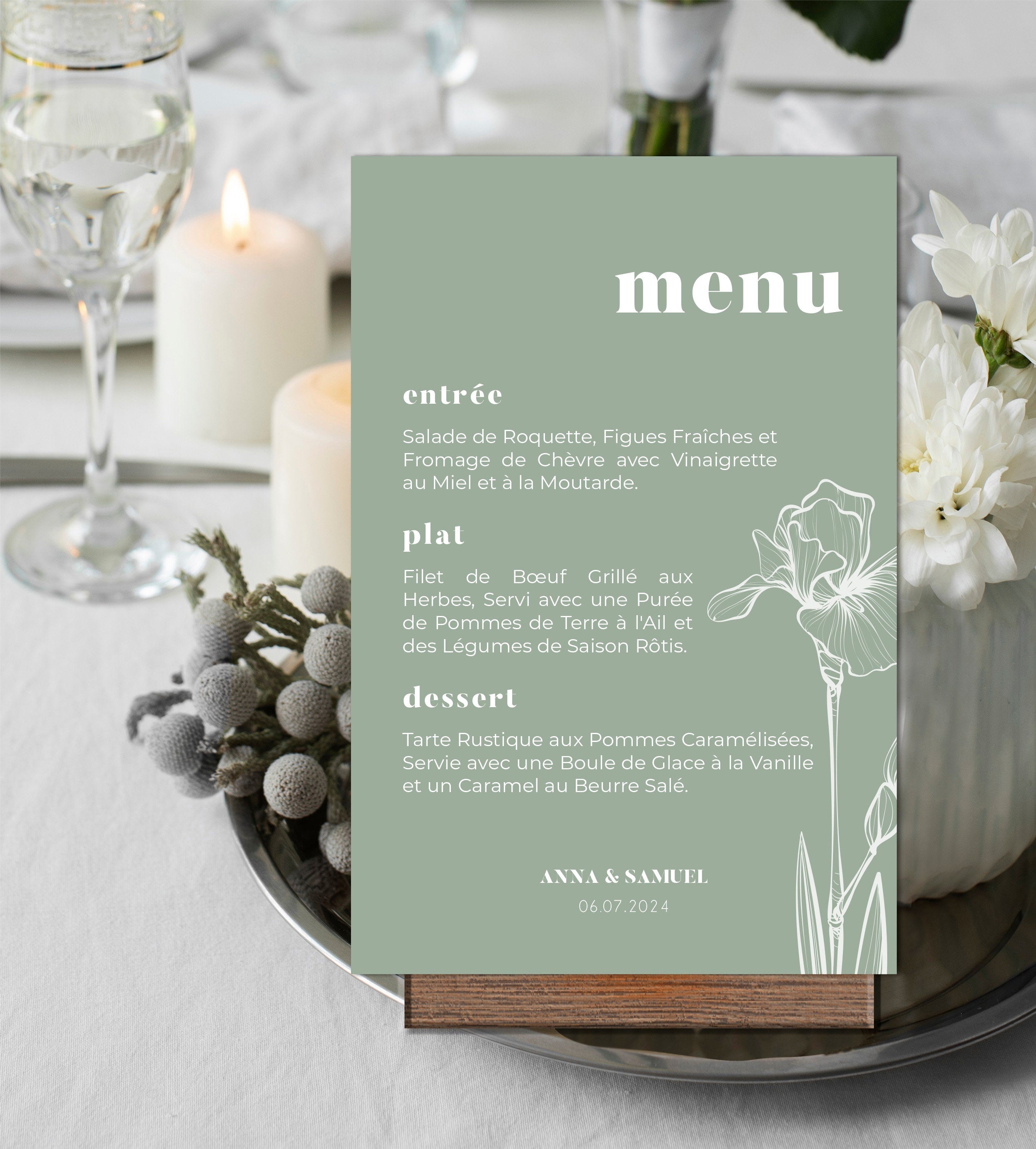 Personalized sage green wedding meal menu