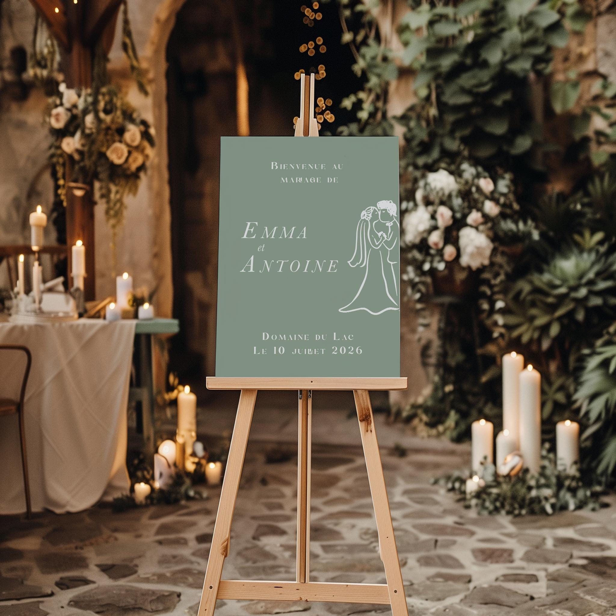 Panneau de bienvenue mariage vert sauge avec illustration d’un couple de mariés