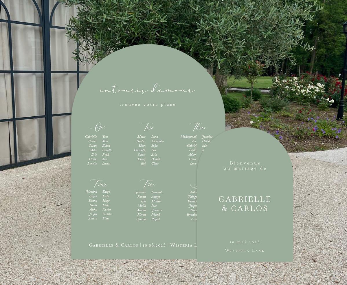 Duo arche et plan de table en forex personnalisés, coloris vert sauge