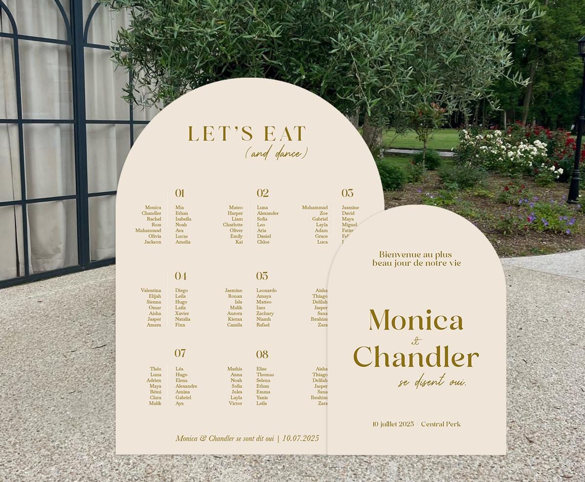 Duo plan de table et panneau de bienvenue en forme d'arche, titre let's eat (and dance) sur le plan de table et Bienvenue au plus beau jour de notre vie sur le plan de table, coloris beige et ocre.