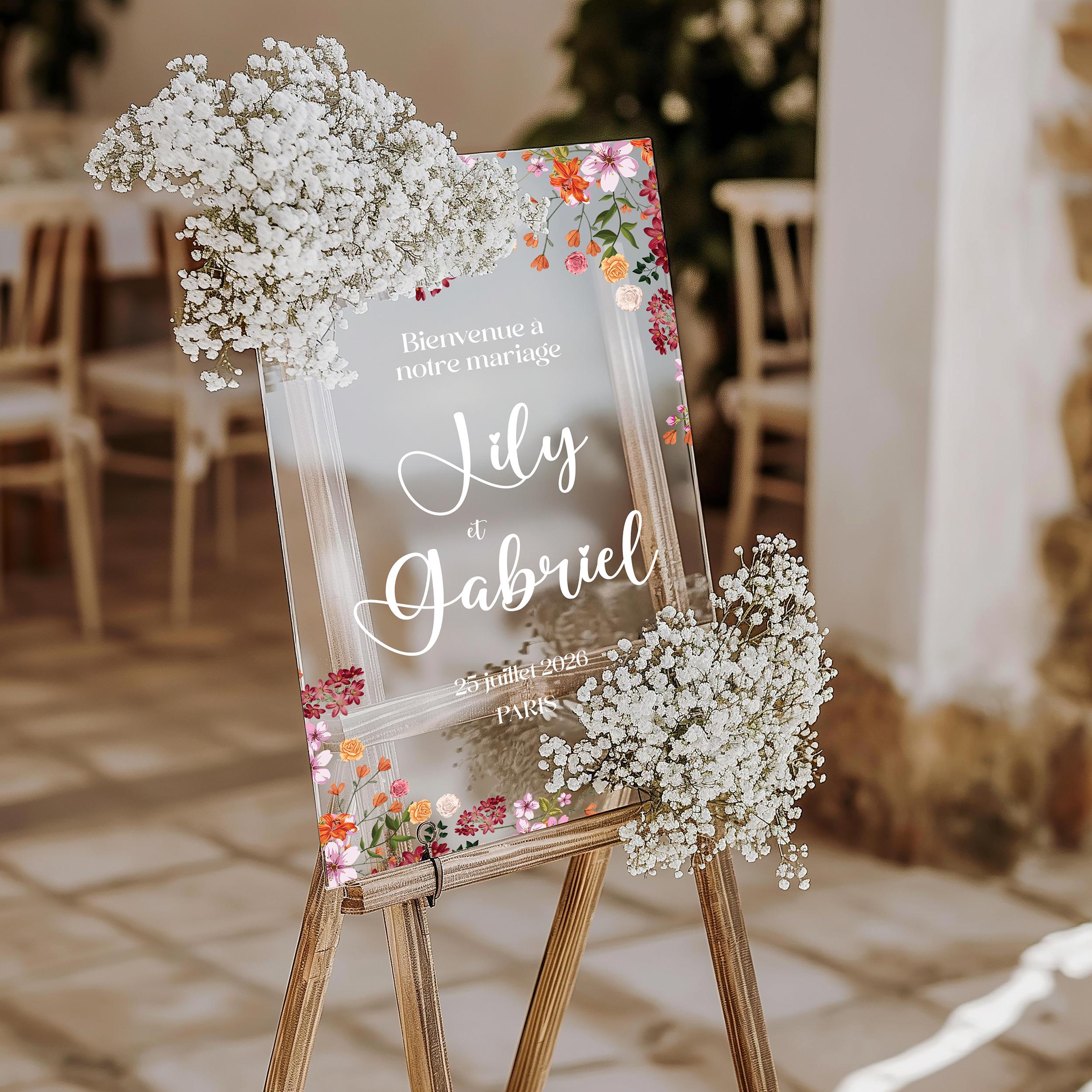 Panneau de mariage transparent aux tons doux rose et orange