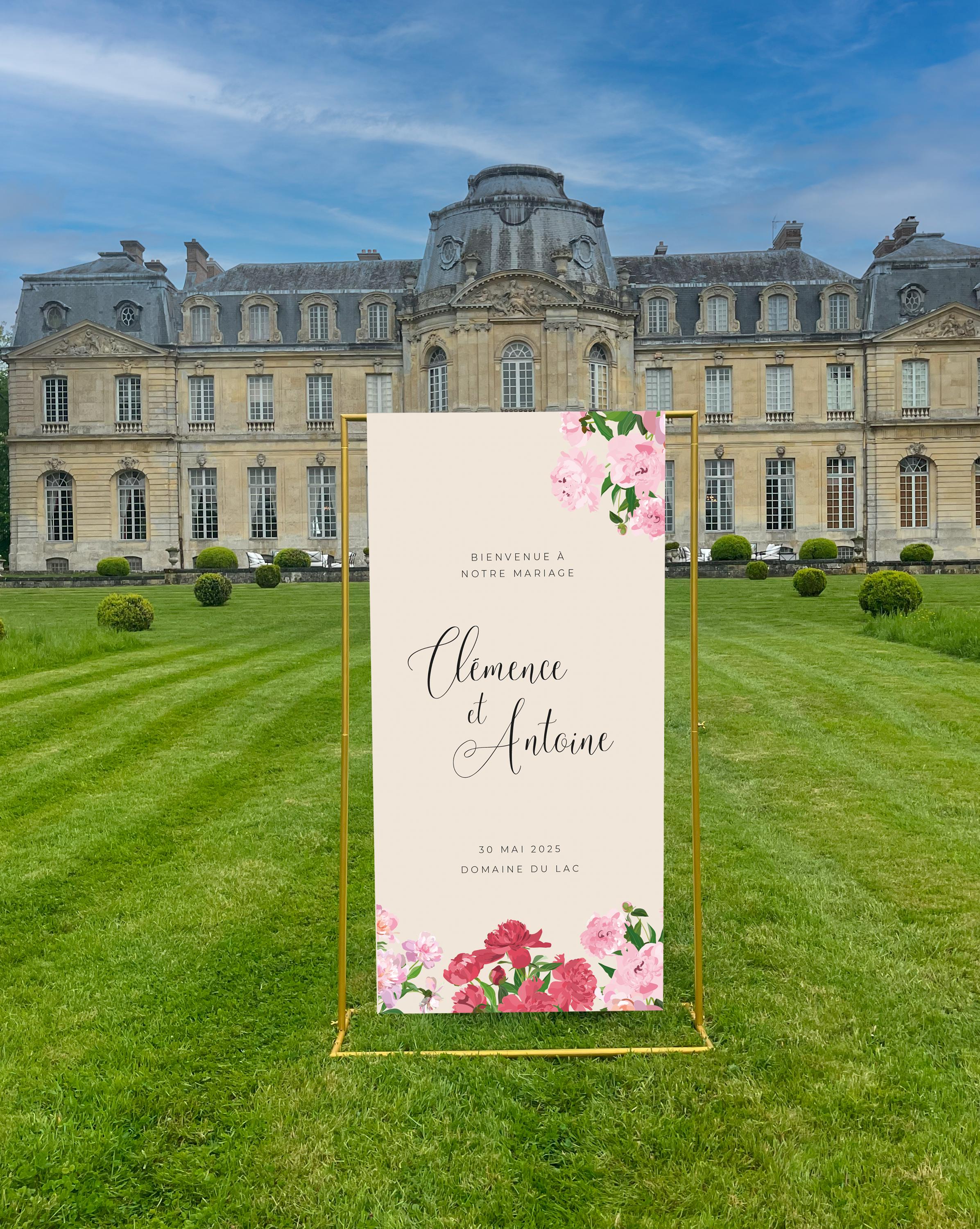 Déco de mariage en toile vergé naturelle avec pivoines, personnalisée