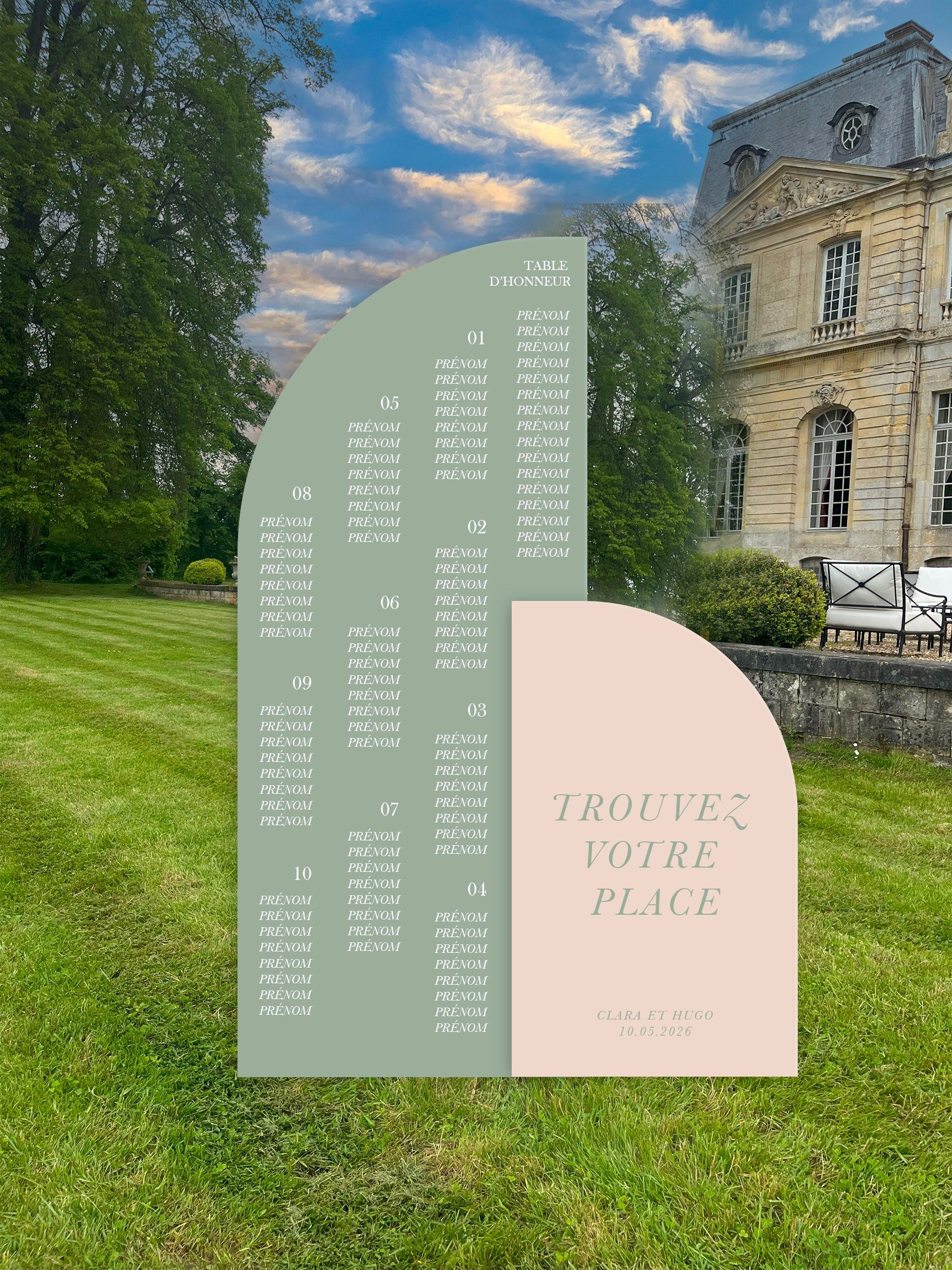 Ensemble signalétique mariage en arche format XL, panneau d’accueil et plan de table