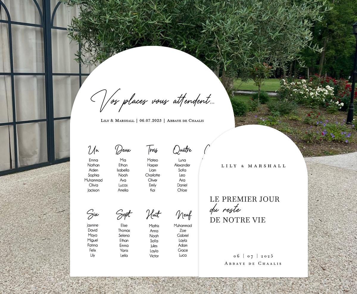 Ensemble plan de table et panneau de bienvenue en forme d’arche coloris blanc