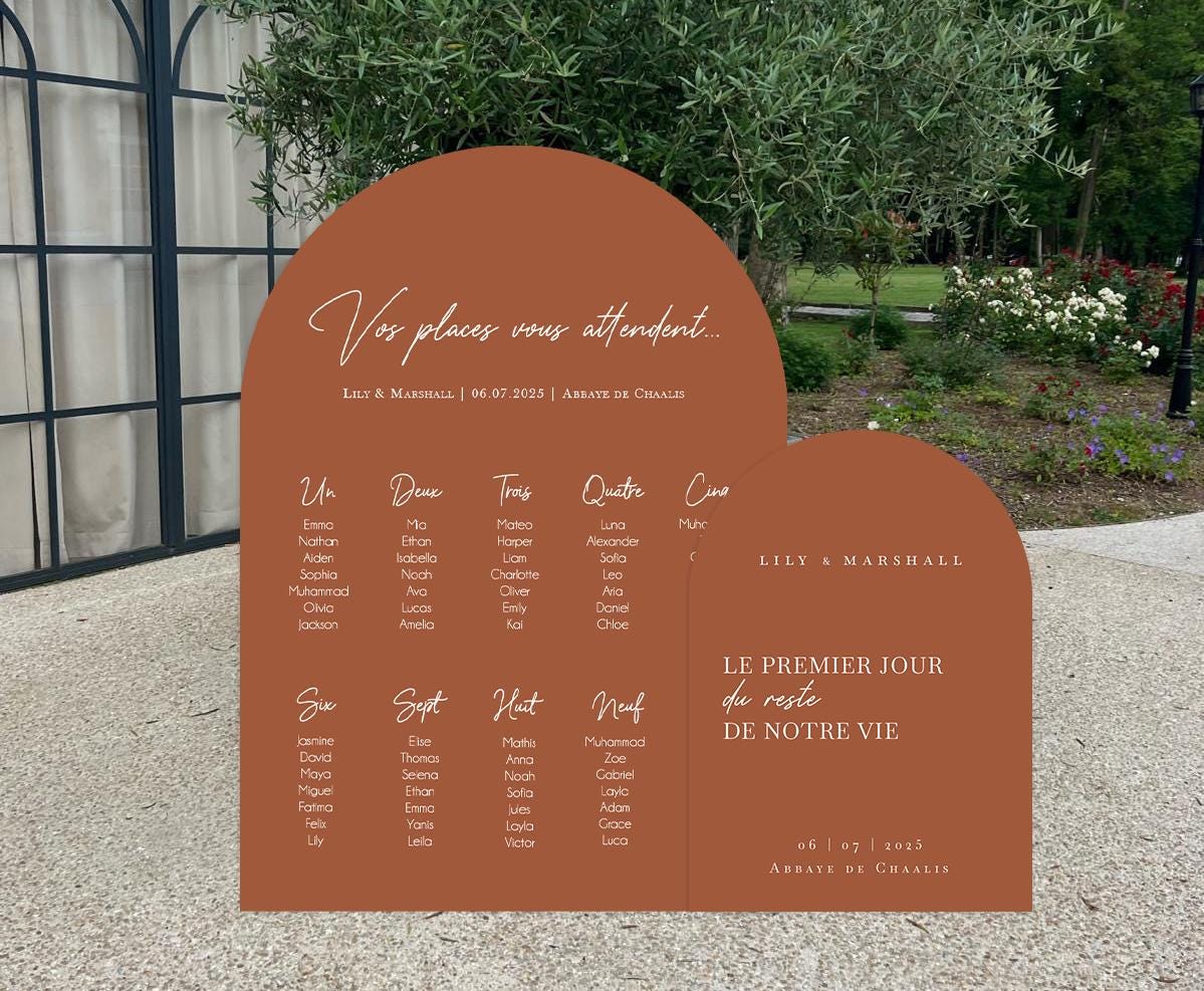 Ensemble plan de table et panneau de bienvenue en forme d’arche coloris terracotta