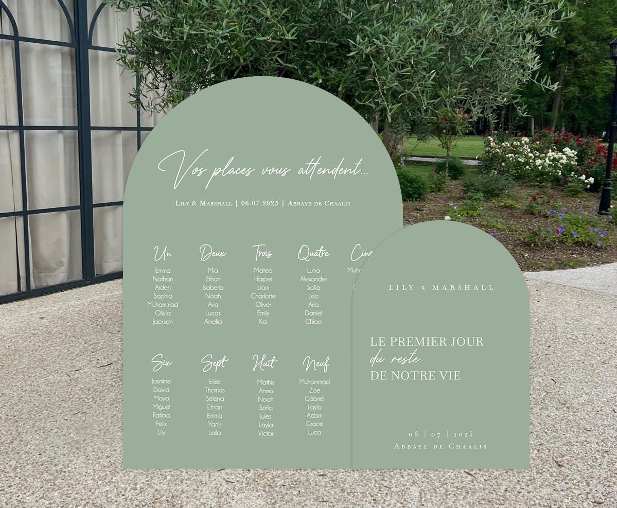 Duo de panneaux mariage arche vert sauge, plan de table et panneau d’accueil assortis