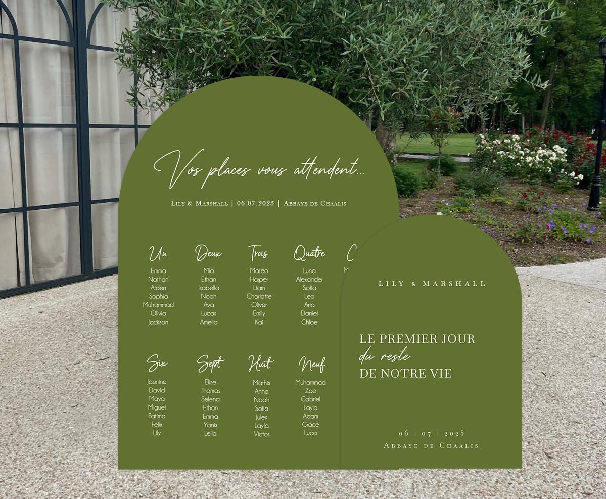 Ensemble plan de table et panneau de bienvenue en forme d’arche coloris vert