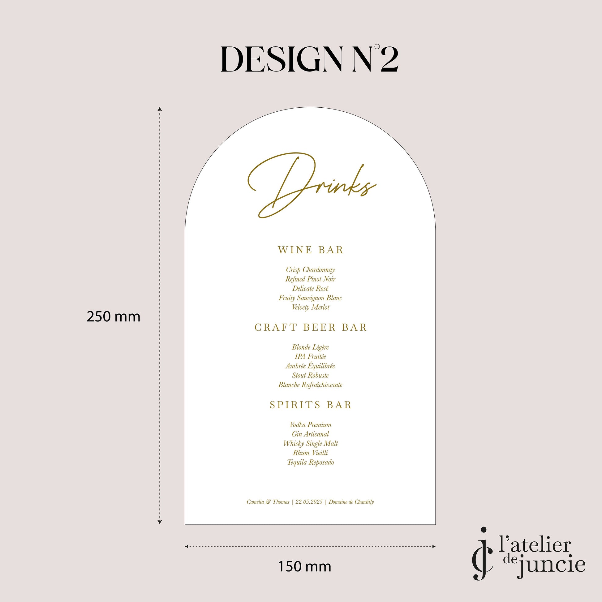 Menu  boisson personnalisé en plexiglass, texte ocre, titre "Drinks"