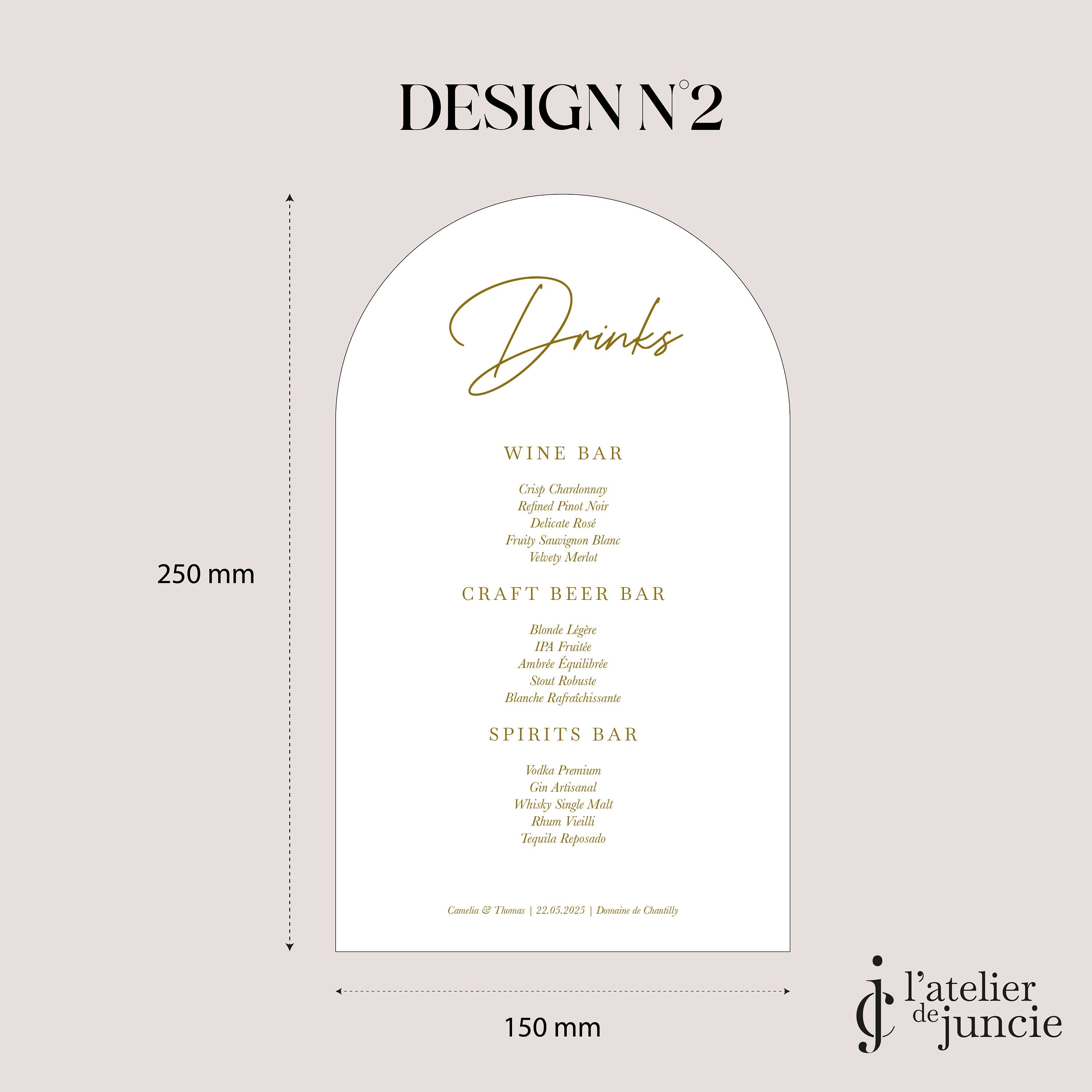 Menu  boisson personnalisé en plexiglass, texte ocre, titre "Drinks"