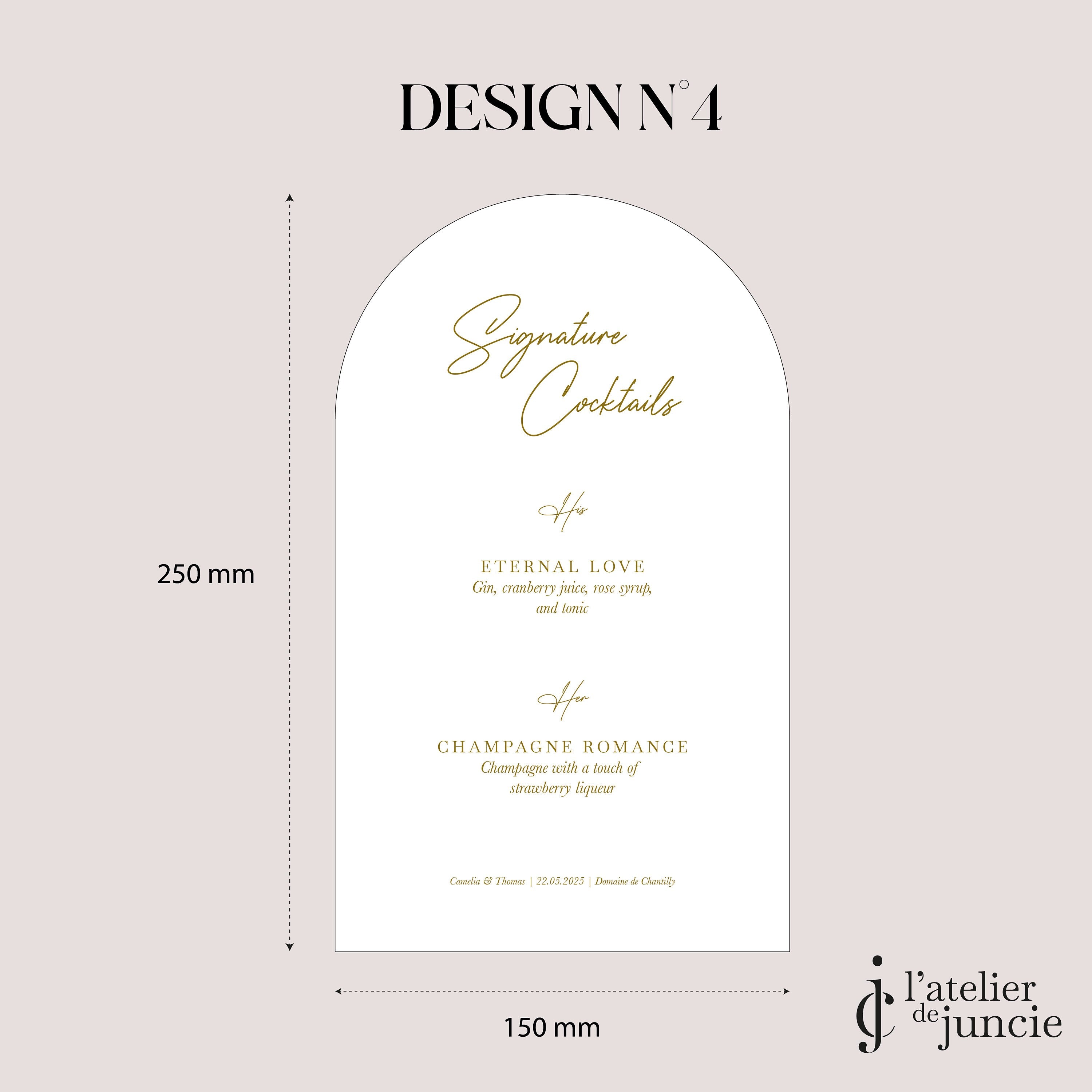 Menu  boisson personnalisé en plexiglass, texte ocre, titre "Signature Cocktails"