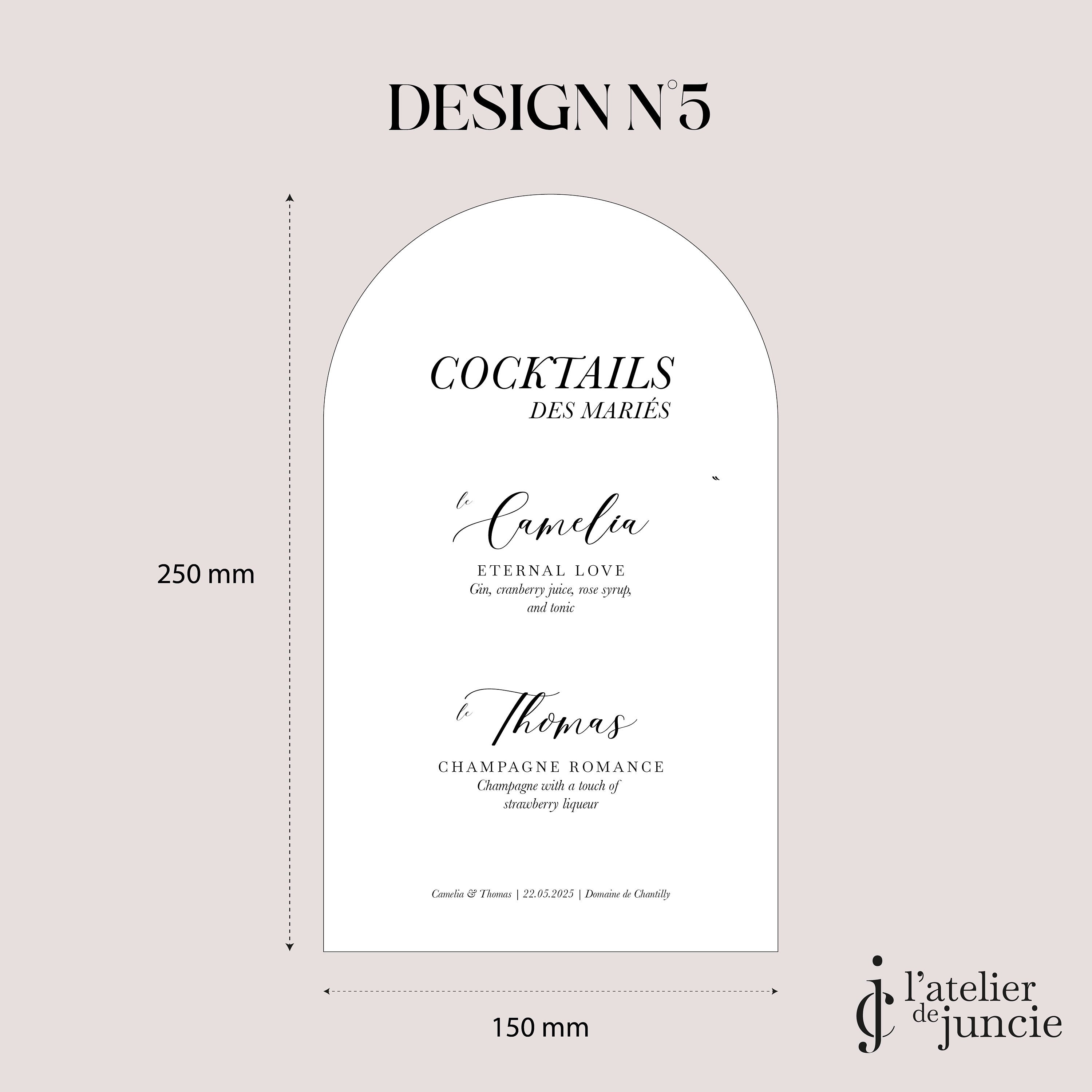 Menu  boisson personnalisé en plexiglass, texte ocre, titre "Cocktails des maries".