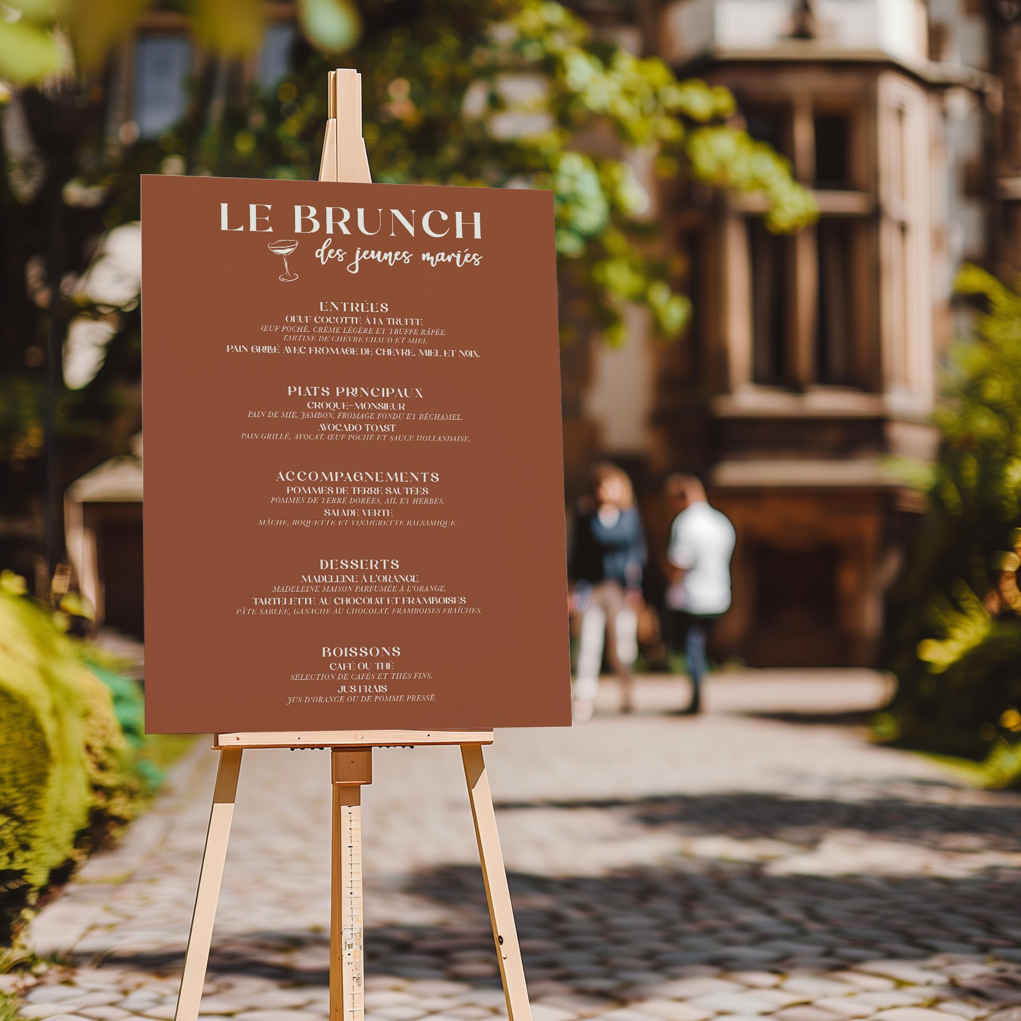 Menu de mariage "Brunch des jeunes mariés" – Panneau festif personnalisé, coloris terracotta.