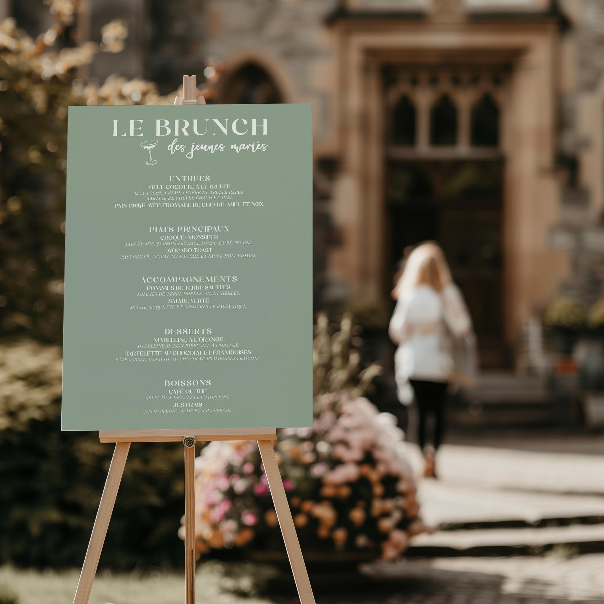 Menu de mariage "Brunch des jeunes mariés" – Panneau festif personnalisé, coloris vert sauge.