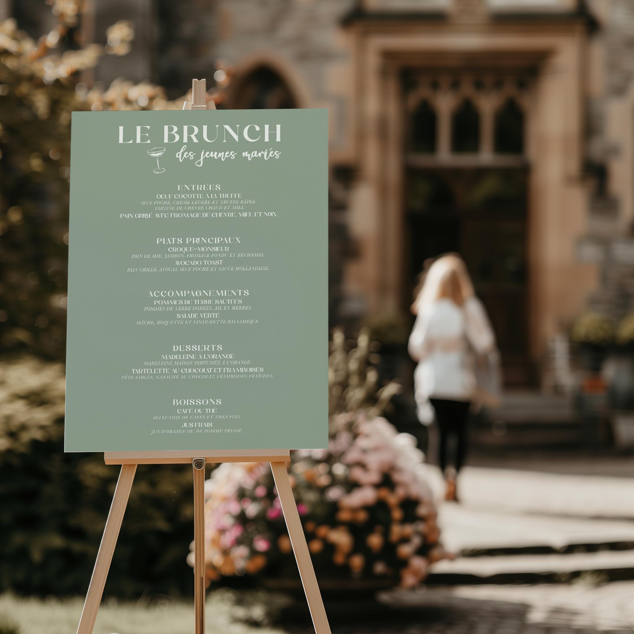 Menu de mariage "Brunch des jeunes mariés" – Panneau festif personnalisé, coloris vert sauge.