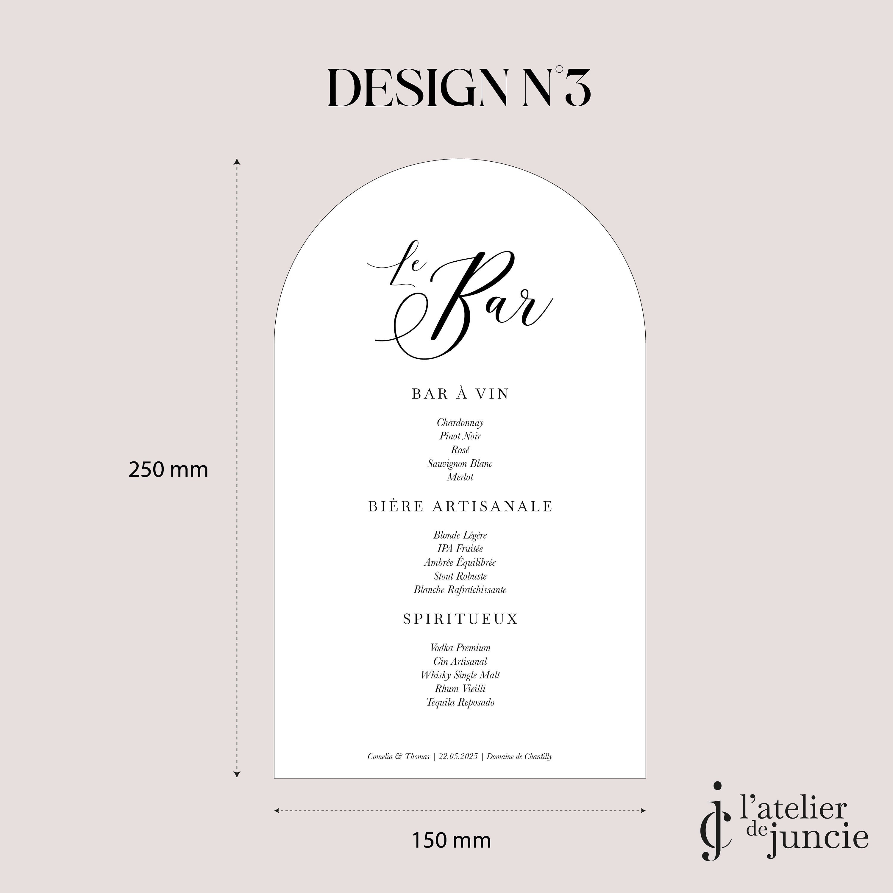 Menu  boisson personnalisé en plexiglass, texte ocre, titre "Le Bar".