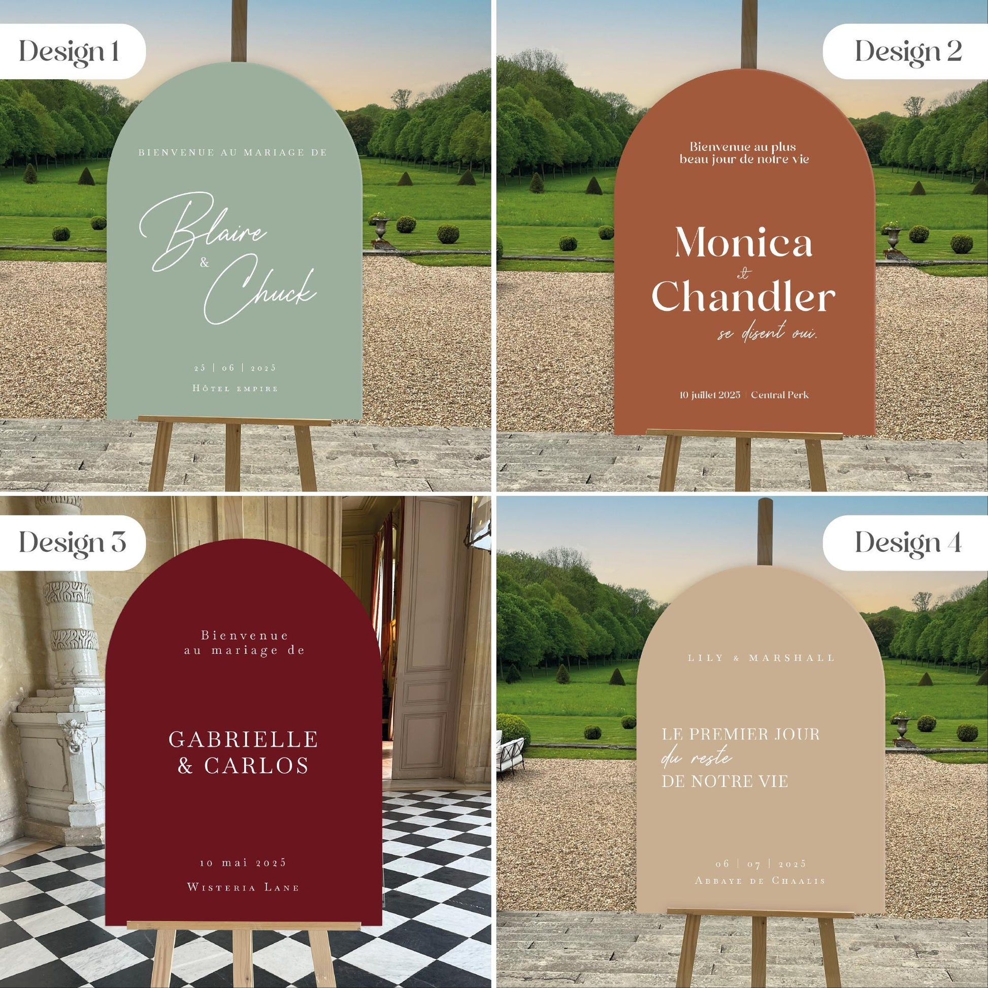 Panneaux de bienvenue mariage en forme d’arche en dibond, déclinés en plusieurs coloris : terracotta, ivoire, vert sauge, beige sable et vieux rose, pour une déco élégante et personnalisée.
