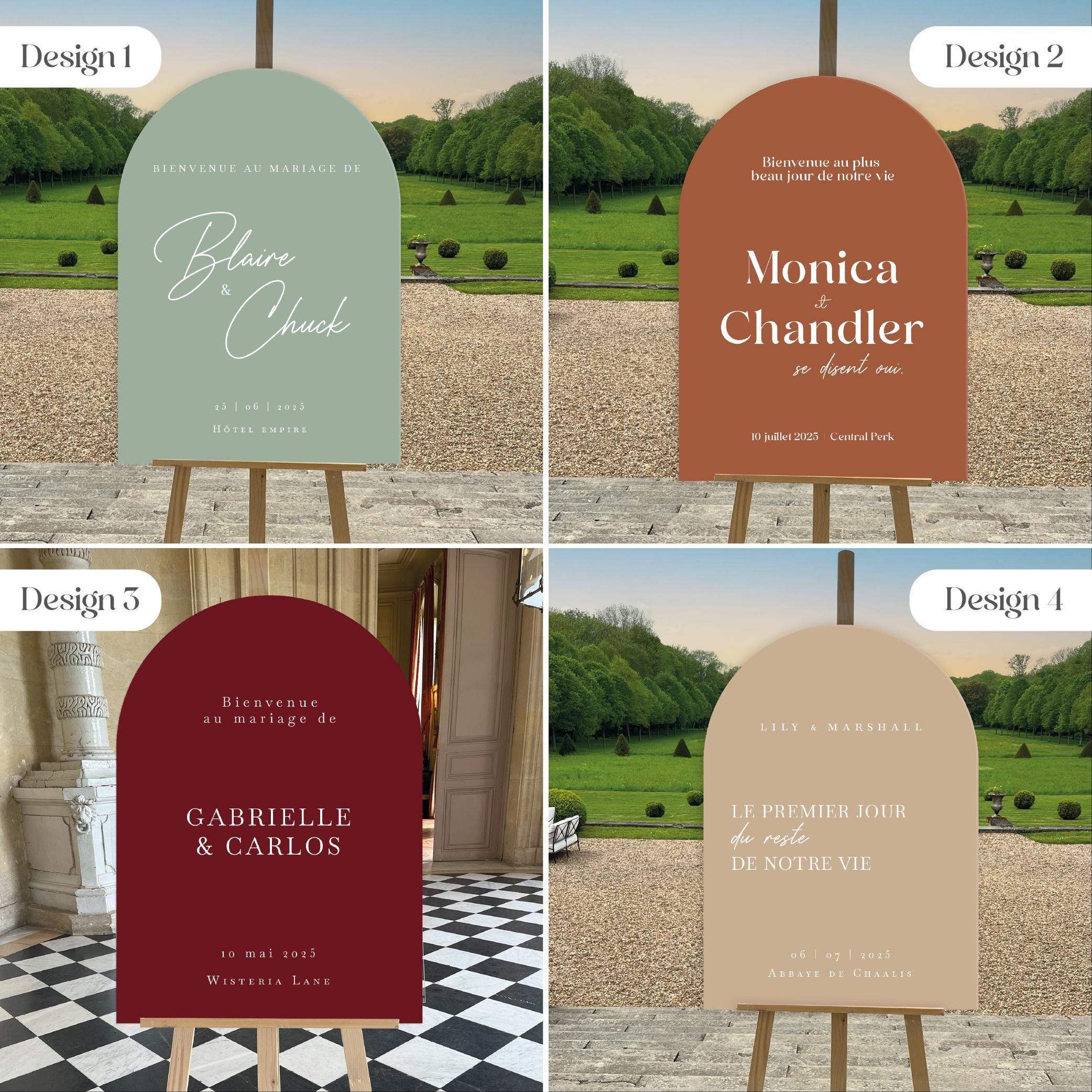 Panneaux de bienvenue mariage en forme d’arche en dibond, déclinés en plusieurs coloris : terracotta, ivoire, vert sauge, beige sable et vieux rose, pour une déco élégante et personnalisée.