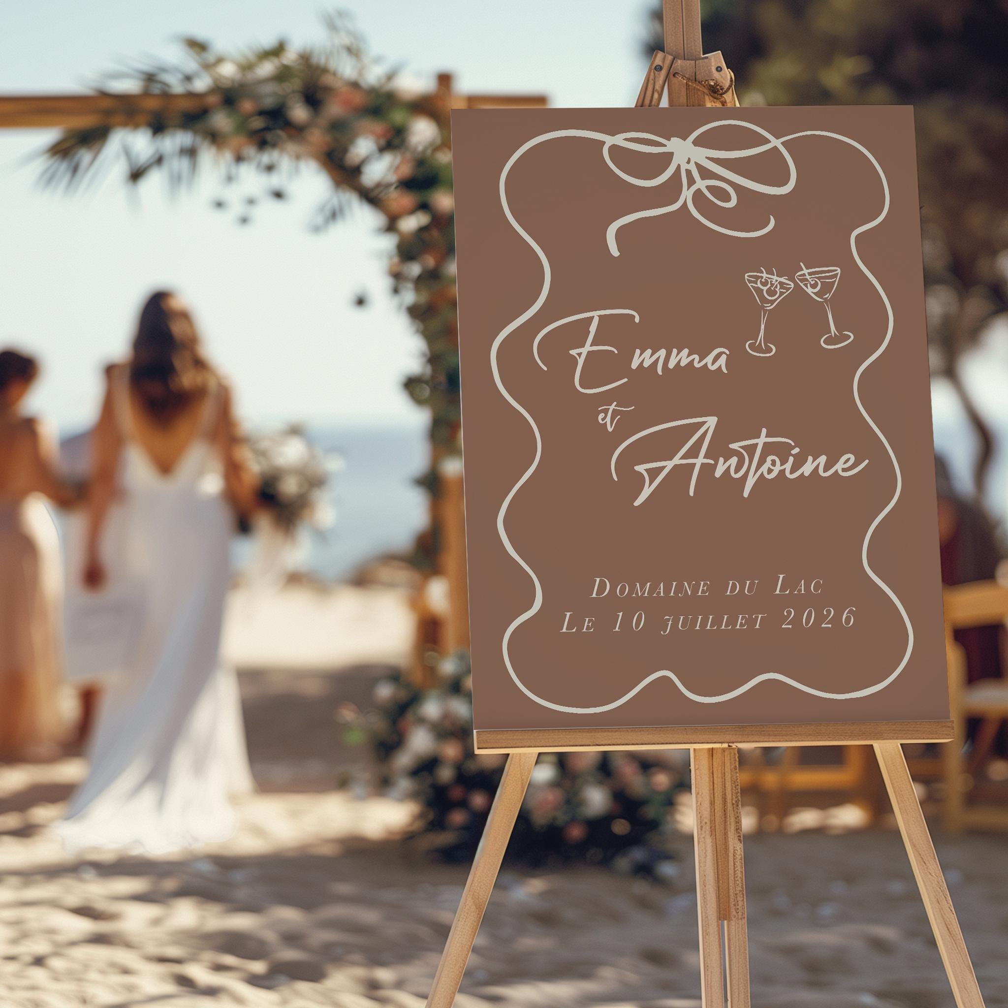 Panneau mariage style moderne en forex avec illustration d’un nœud et deux verres