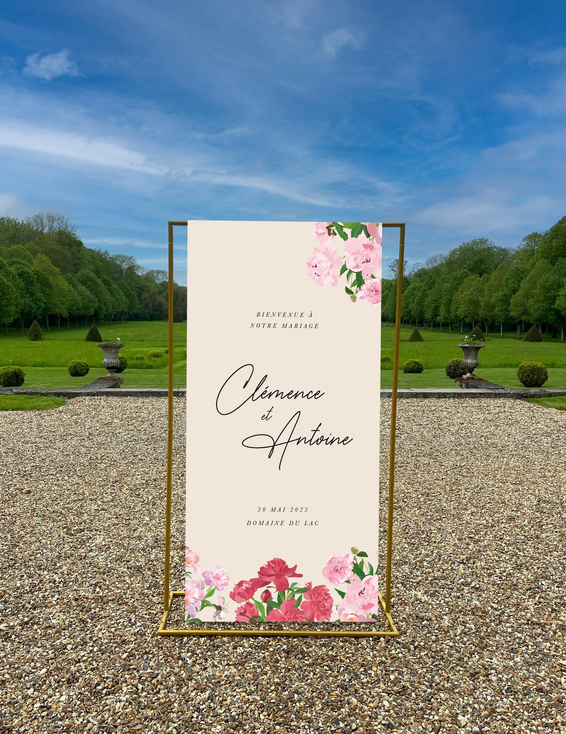 Panneau de bienvenue fleuri pour mariage, motif pivoines, style naturel
