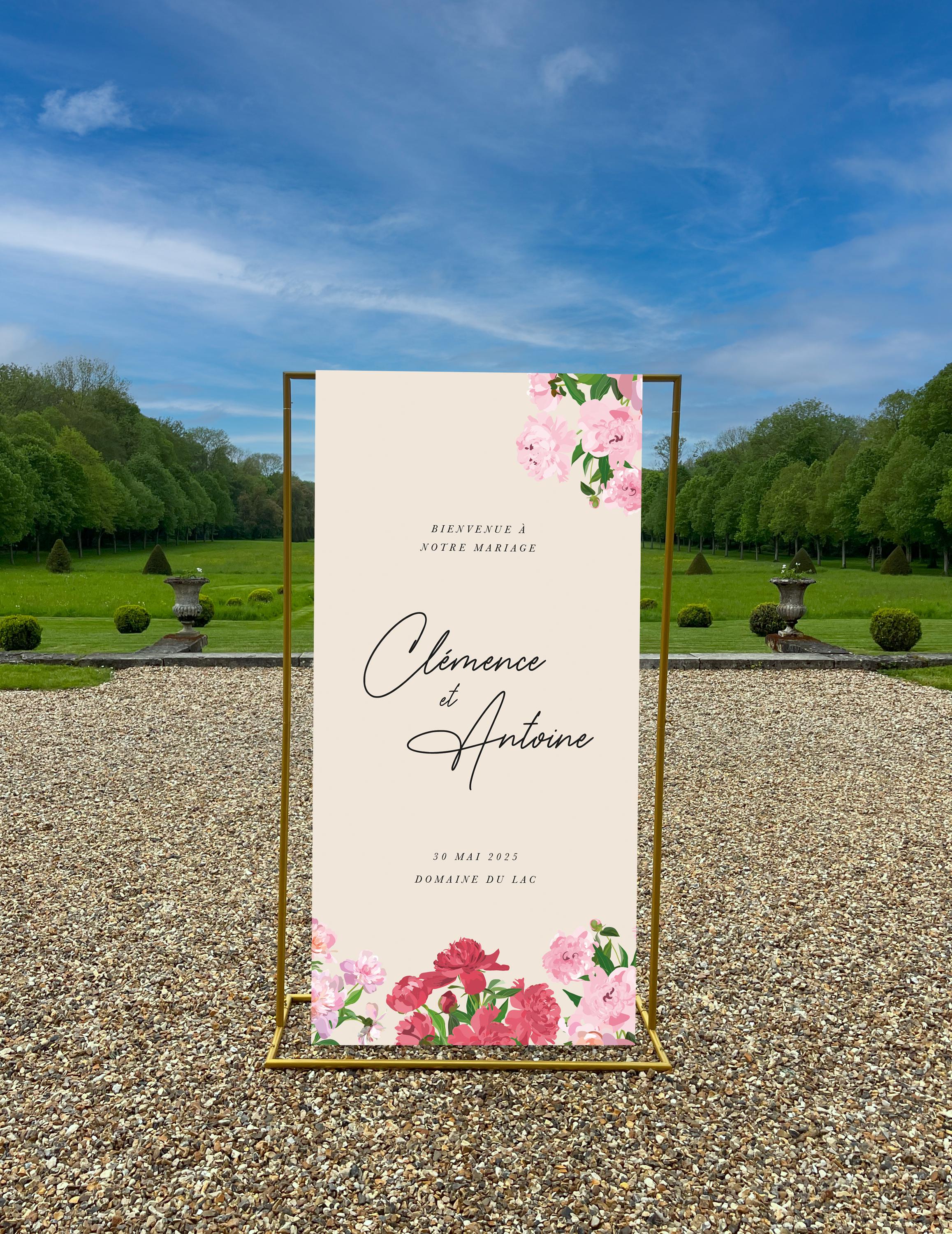 Panneau de bienvenue fleuri pour mariage, motif pivoines, style naturel