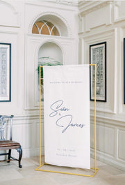 grand panneau de bienvenue mariage toile lin 90x180 cm, design 1, personnalisable, fabrication française
