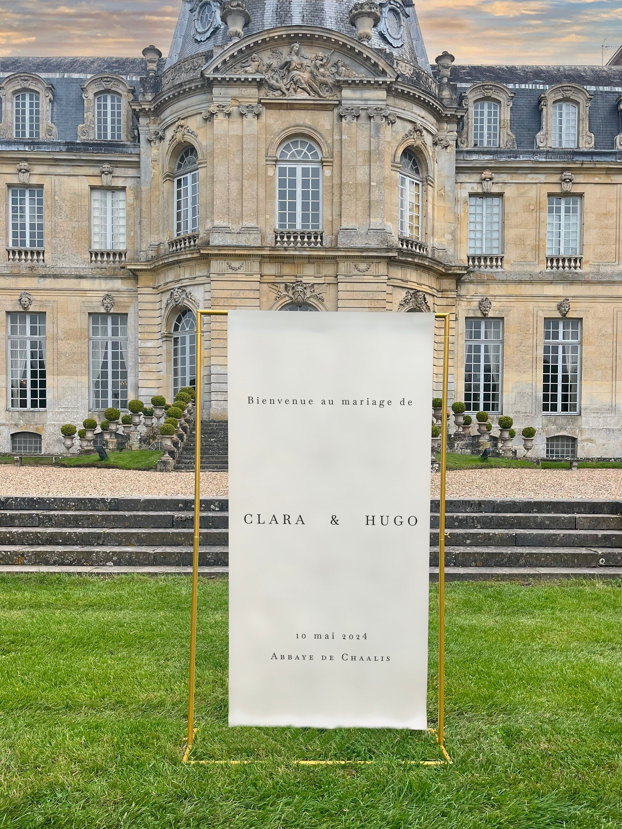 panneau mariage lin 90x180 cm, design 2, avec prénoms, date et lieu personnalisés, fixation velcro