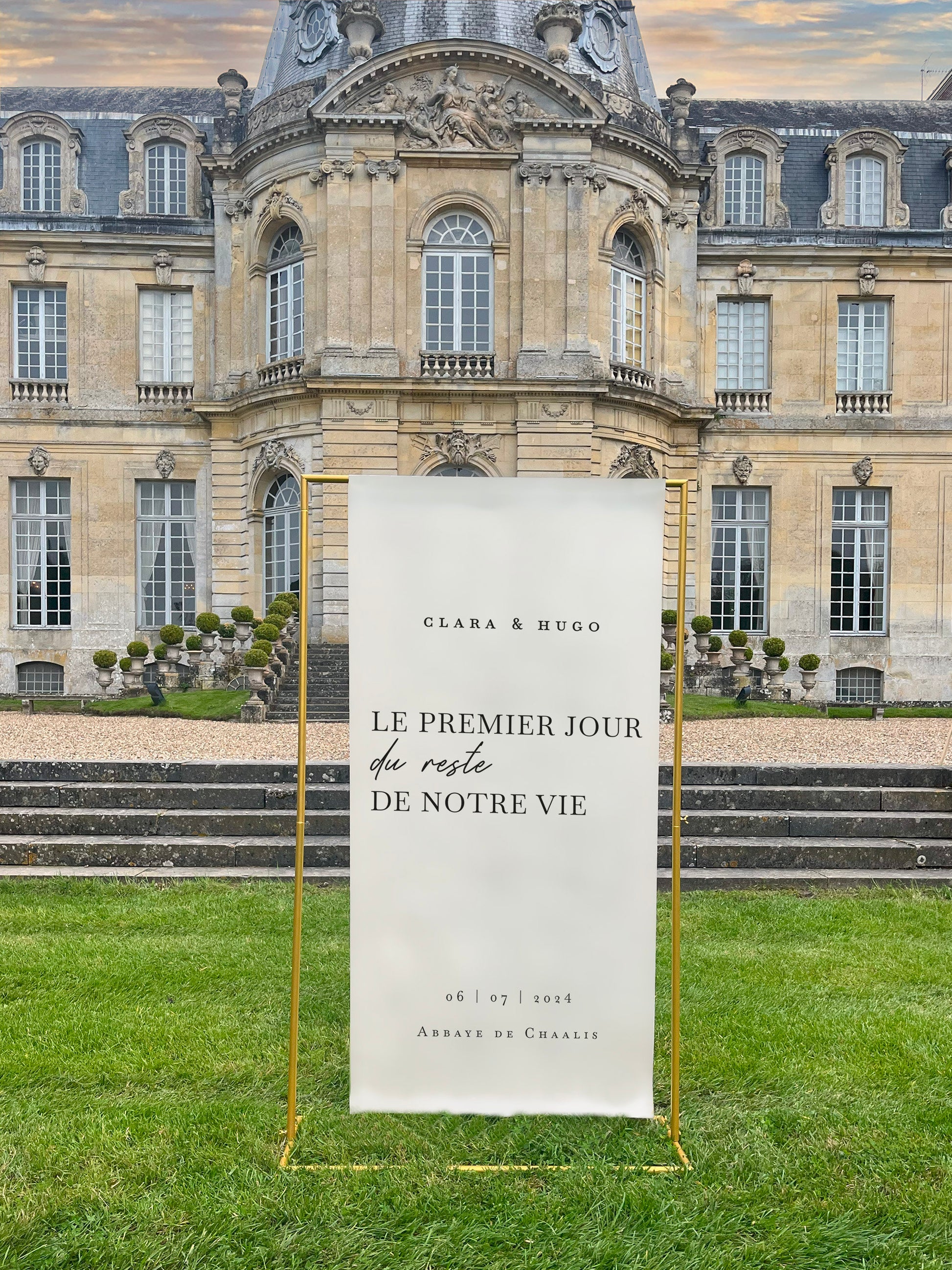 toile lin naturel grand panneau bienvenue mariage 90x180 cm, design 3, œillets dorés et repassage recommandé