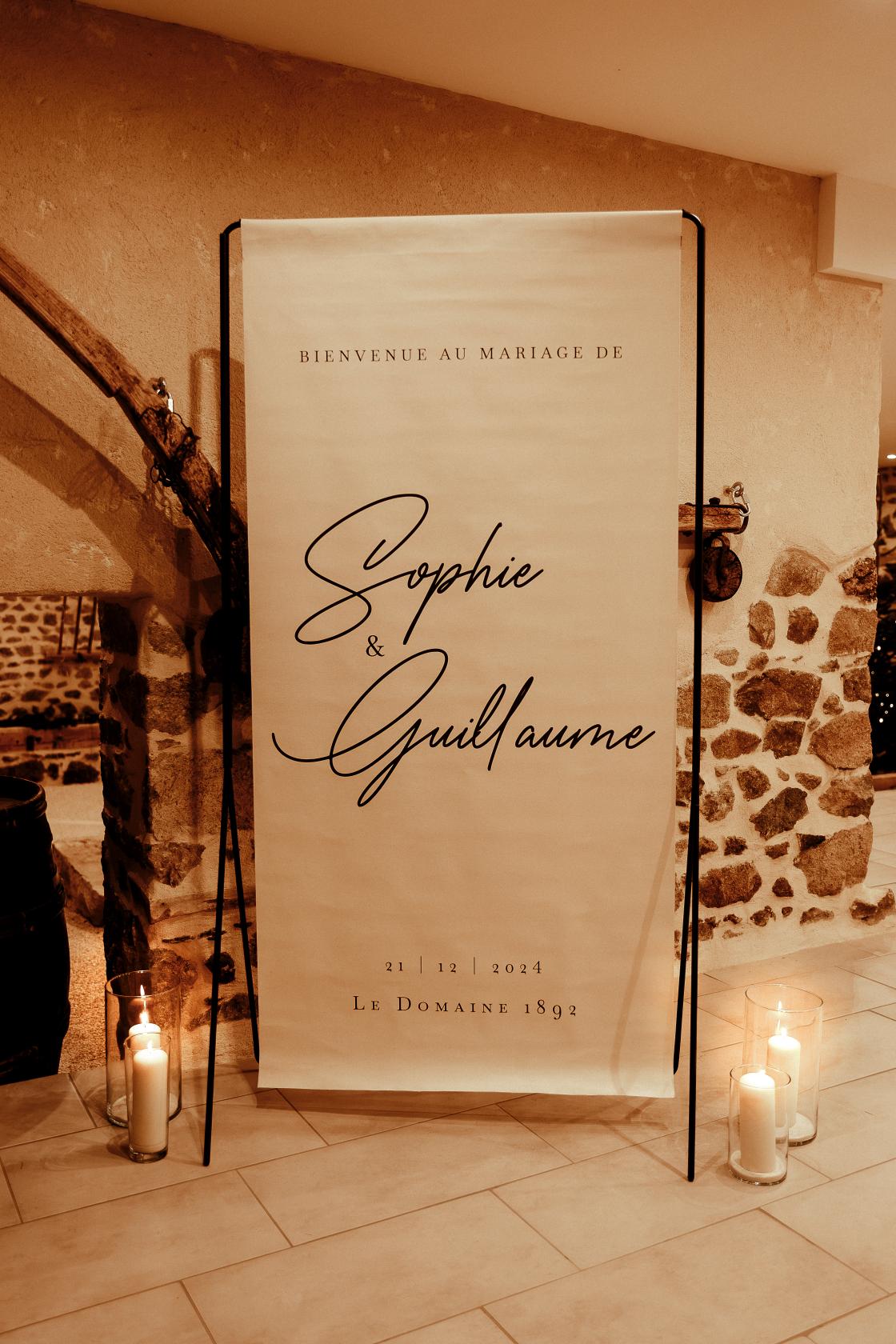 grand panneau de bienvenue mariage toile lin 90x180 cm, design 1, personnalisable, fabrication française