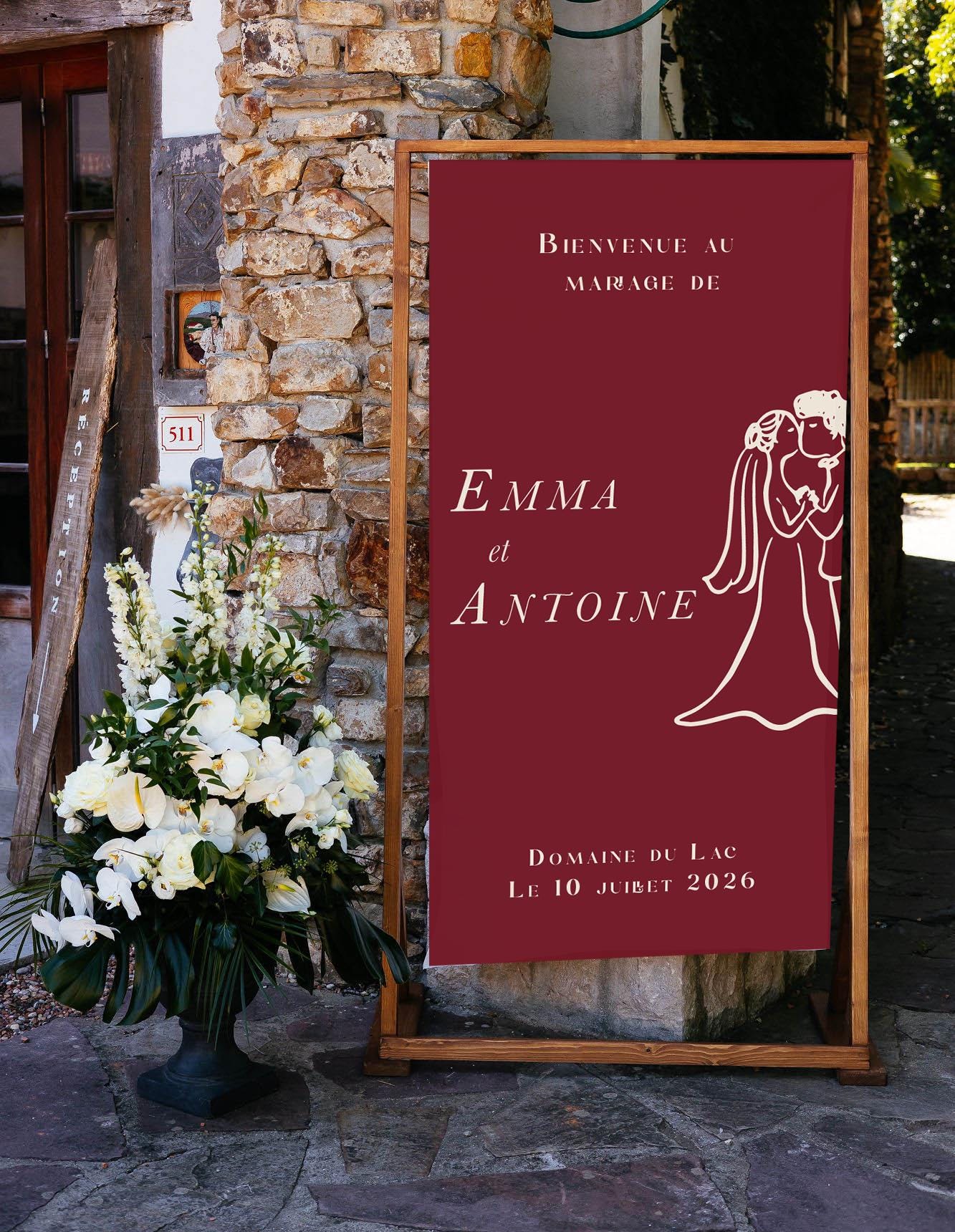 Panneau toile tissée lin avec dessin à la main d’un couple de mariés, fixation velcro et œillets dorés, fabriqué en France