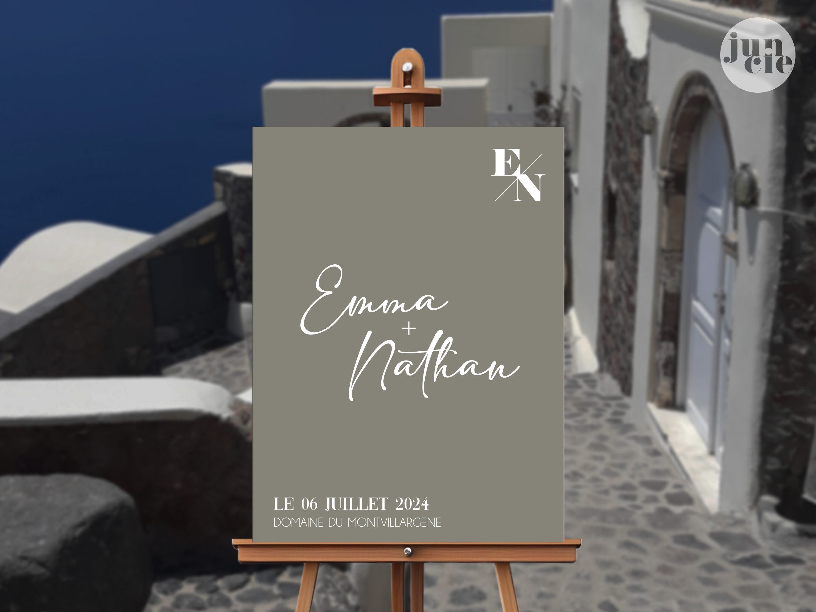 Panneau mariage personnalisé en forex kaki, design sobre et élégant.