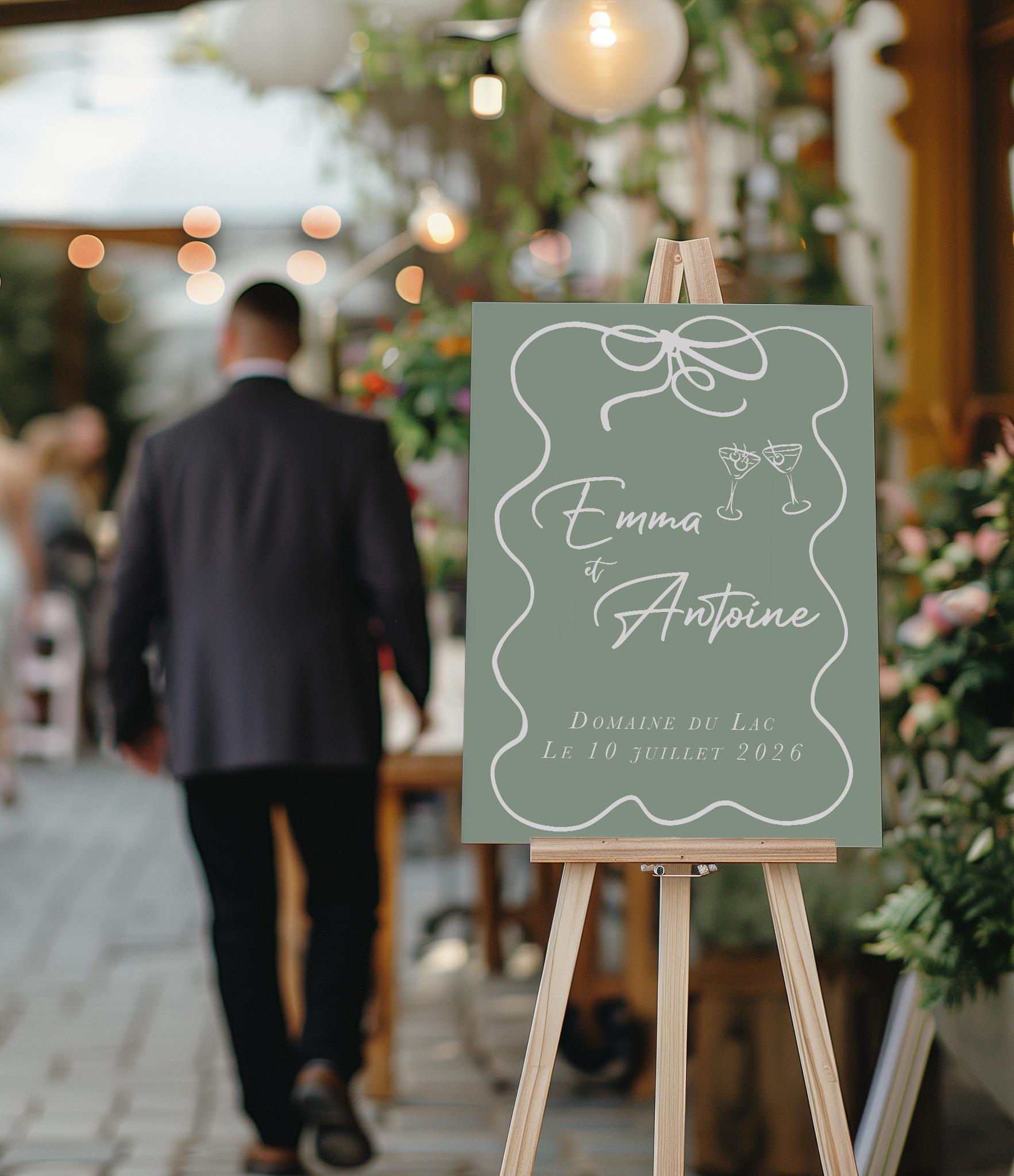 Panneau mariage fond vert sauge, texte blanc, style moderne avec motifs dessinés à la main