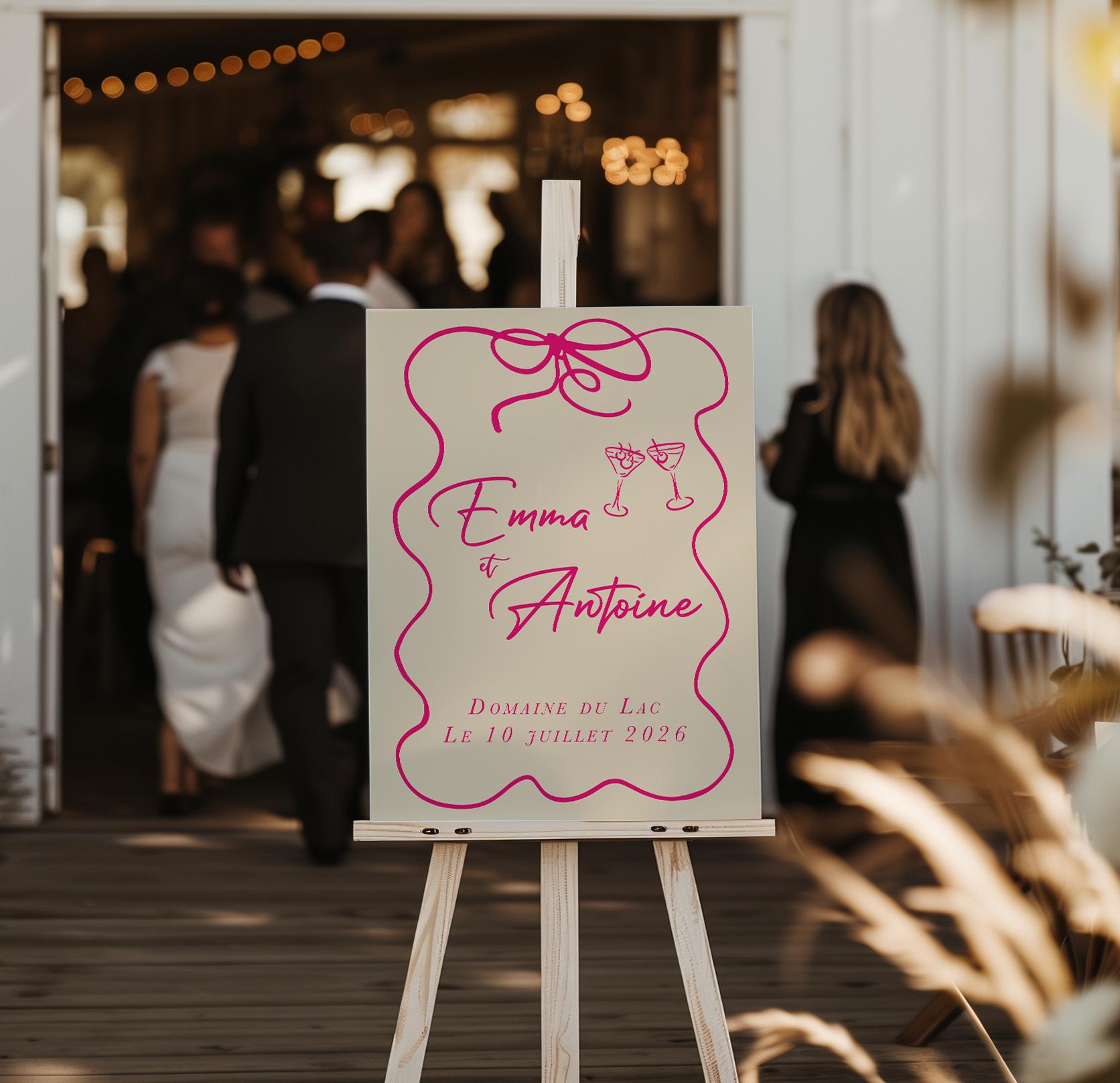 Panneau de bienvenue en forex beige avec texte rose vif, nœud et deux verres dessinés à la main