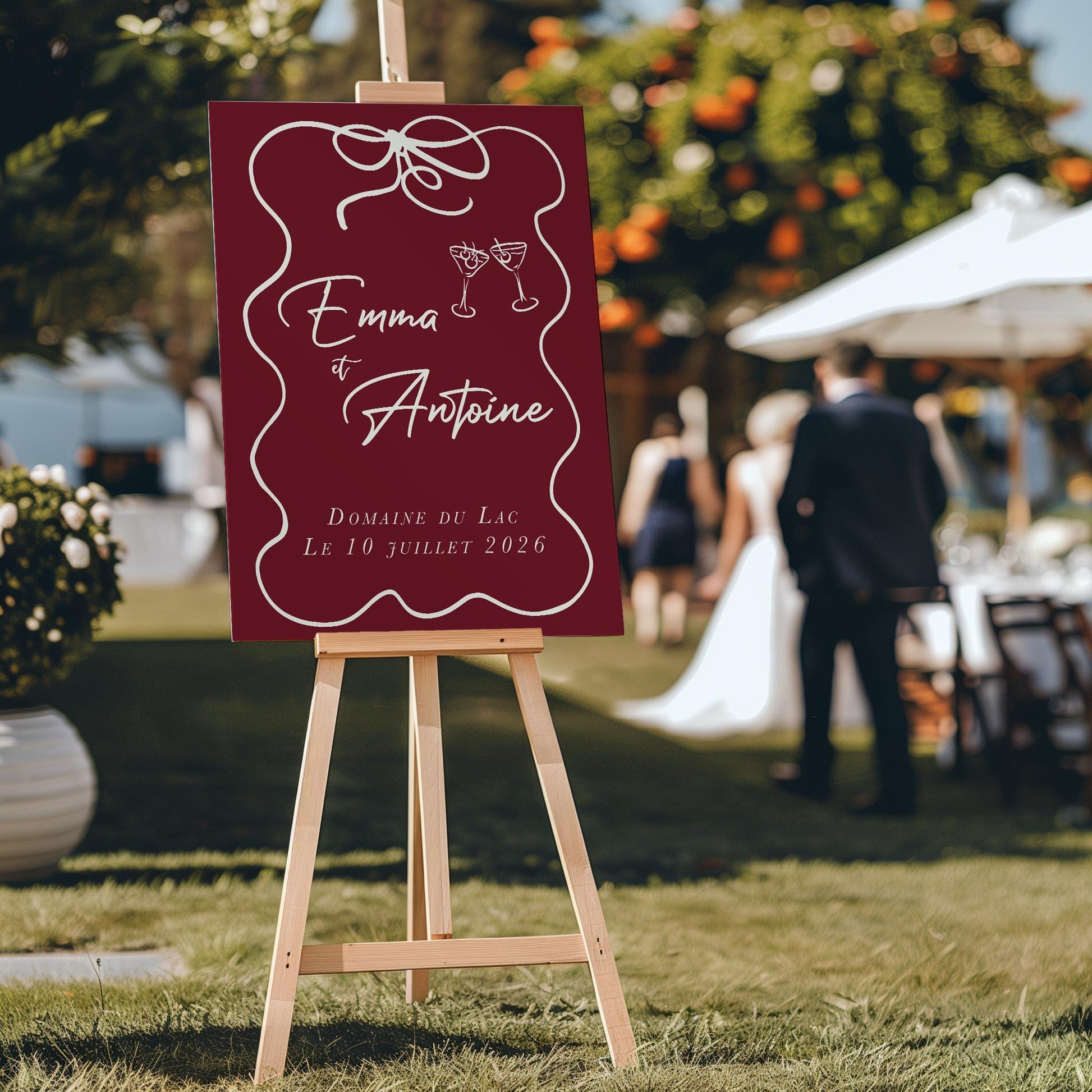 Panneau d’accueil forex bordeaux et beige, design élégant avec nœud et verres