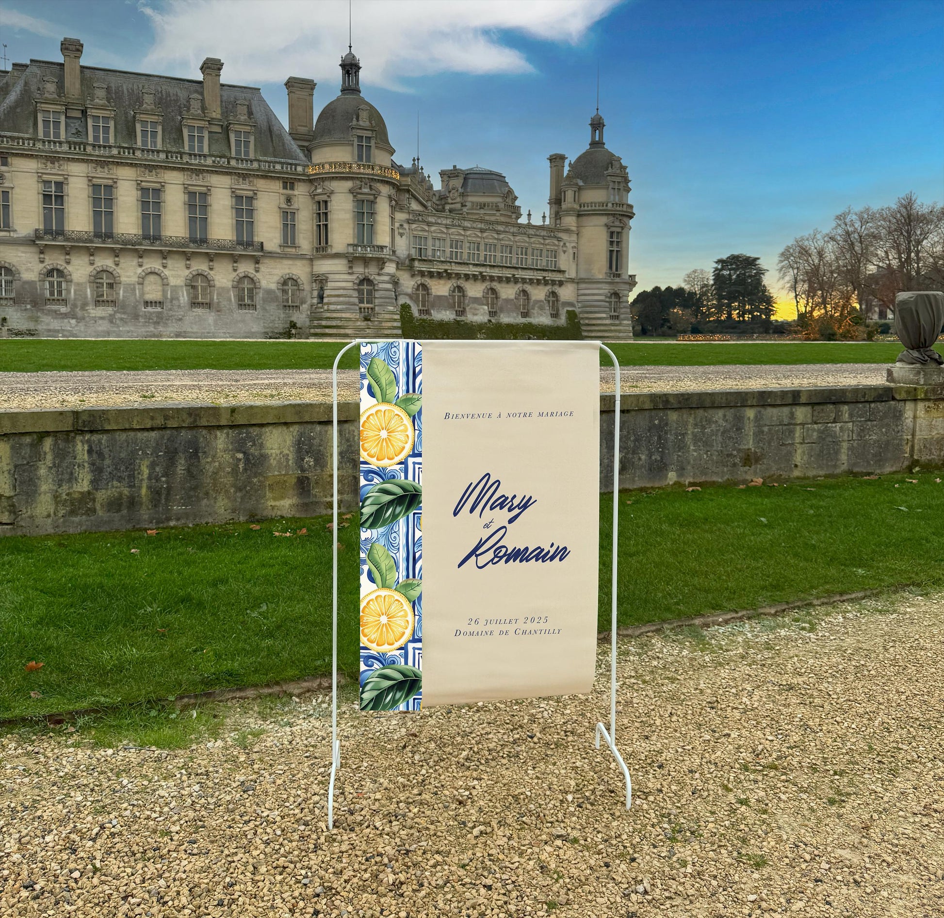 Panneau de bienvenue en tissu avec motif citron, style italien