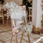 Panneau de bienvenue en plexiglass fleurs rose et orange