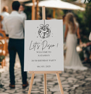 Panneau de bienvenue Let's Disco argent personnalisé pour anniversaire, style festif et moderne