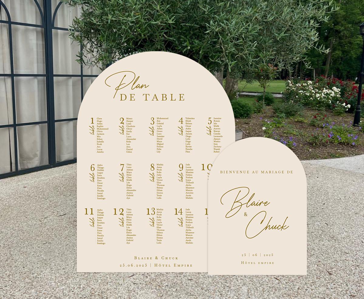 Panneau de bienvenue mariage et plan de table en arche, avec prénoms des mariés et date, imprimé sur forex 8 mm, coloris beige.