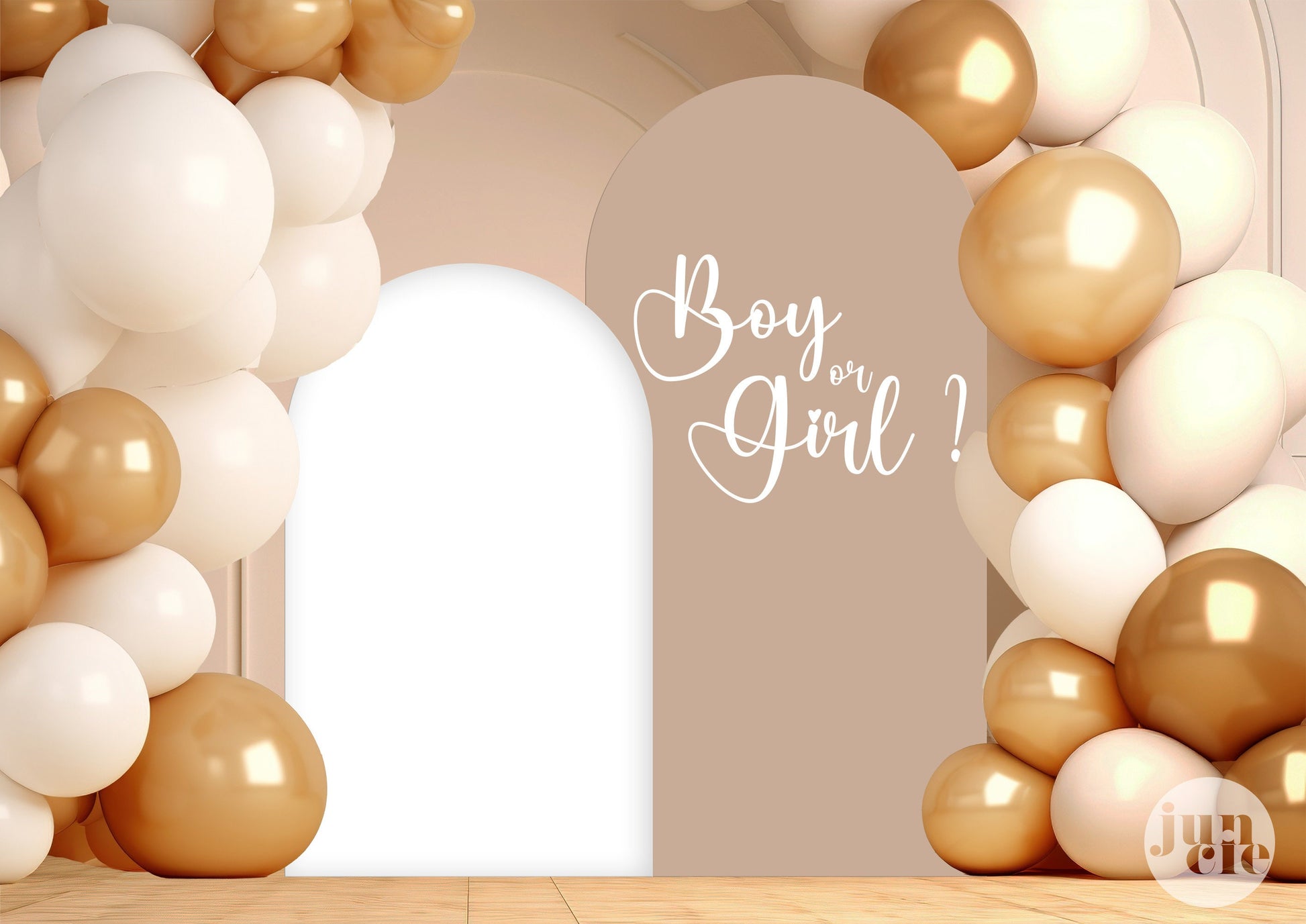 Panneau de bienvenue arche « Boy or Girl » couleur latte, décor doux et élégant pour baby shower ou gender reveal, personnalisé et imprimé en forex.