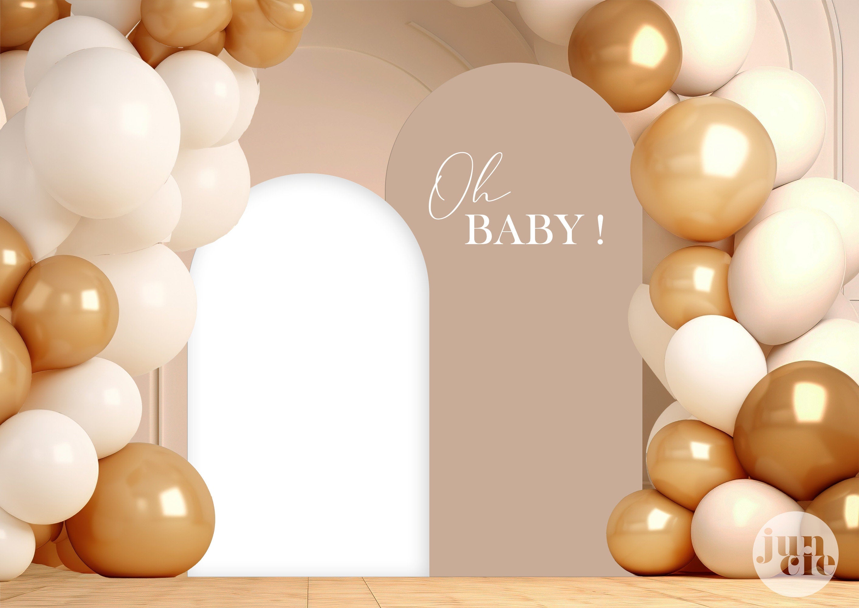 Panneau de bienvenue arche « Oh Baby » couleur latte, décor doux et élégant pour baby shower ou gender reveal, personnalisé et imprimé en forex.