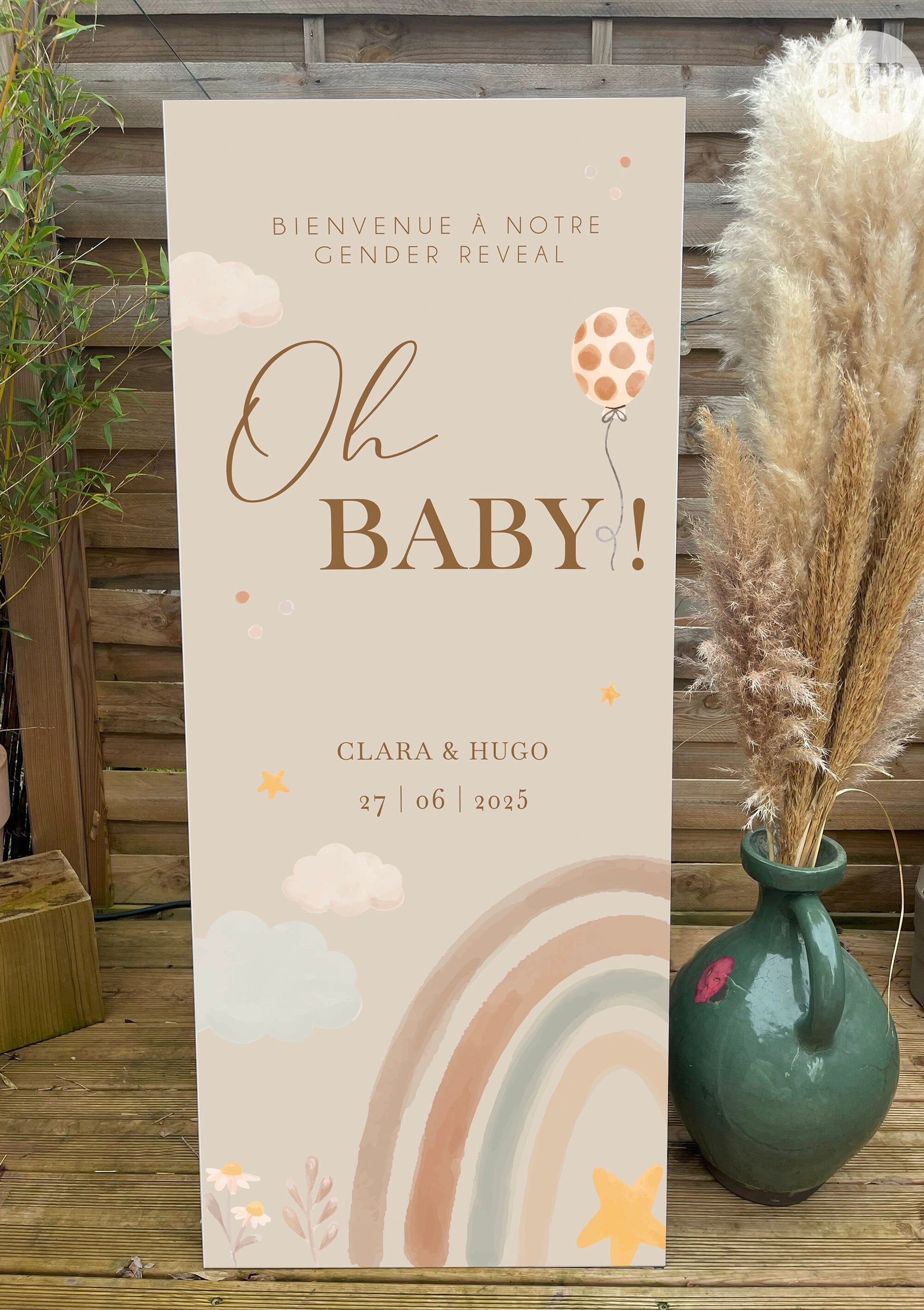 Panneau de bienvenue gender reveal en forex taille XL, personnalisé avec un arc-en-ciel coloré et l’inscription « Oh Baby », parfait pour une déco douce et joyeuse.