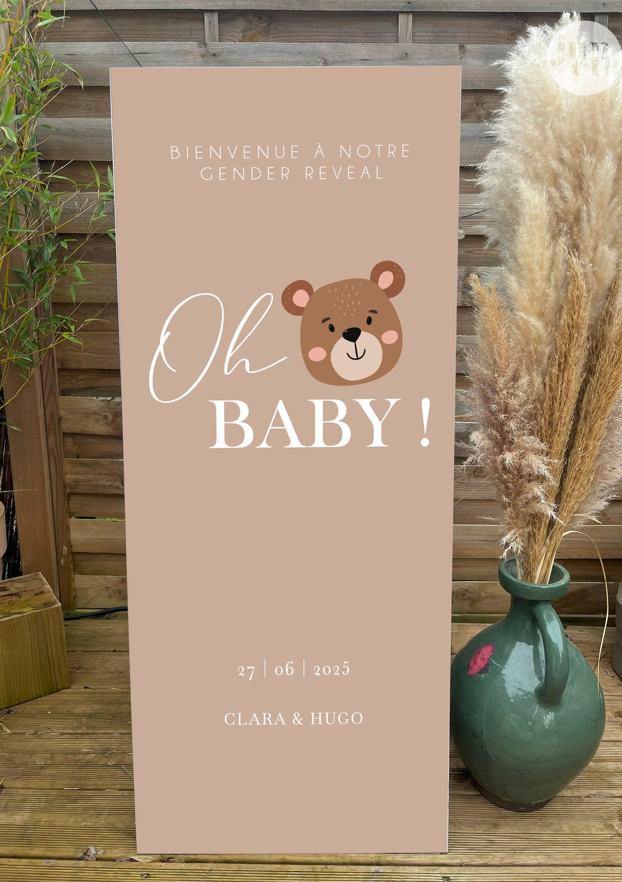 Panneau de bienvenue gender reveal en forex taille XL, personnalisé avec un ours beige et l’inscription « Oh Baby », idéal pour une décoration tendre.