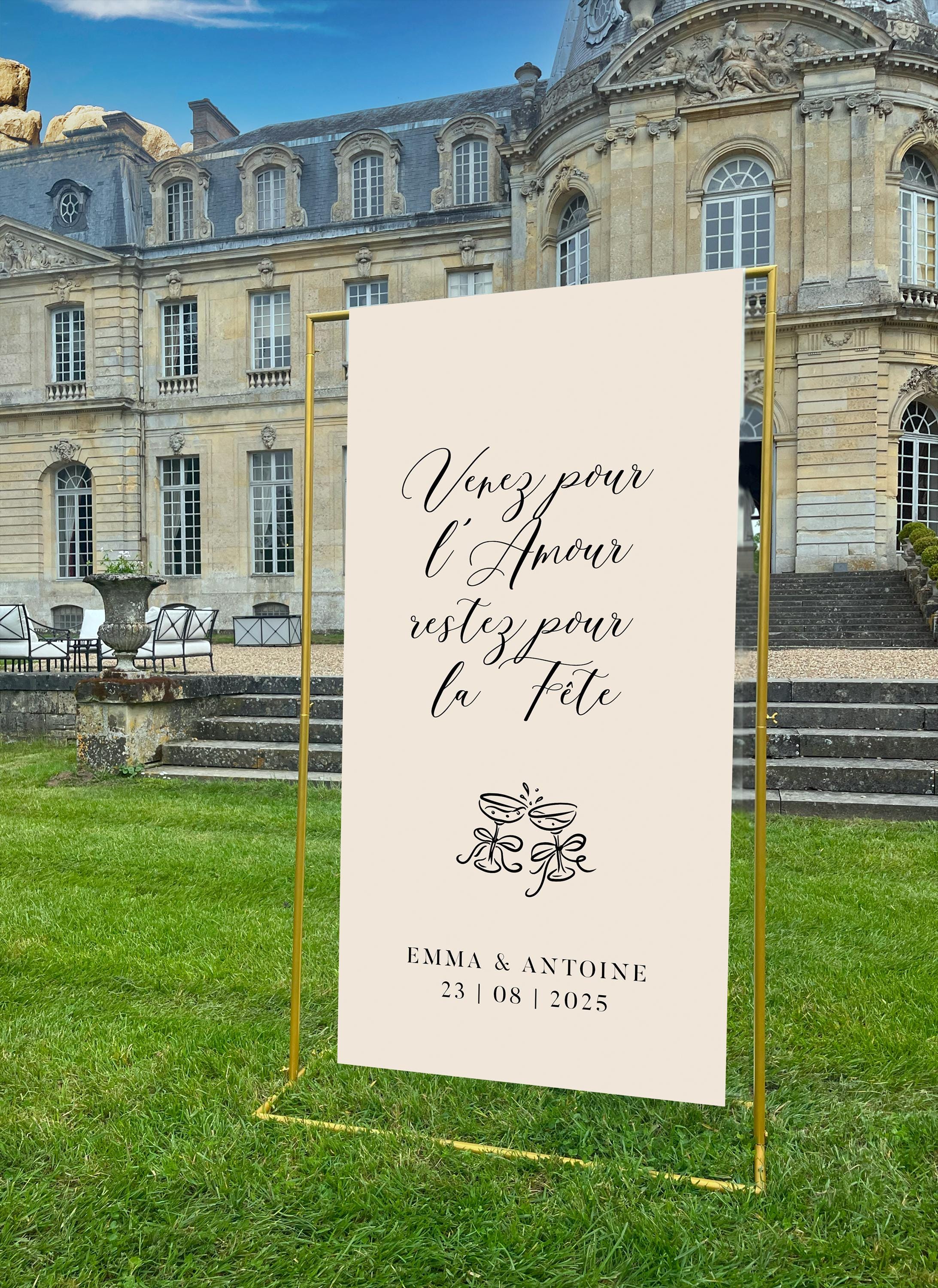 Panneau de mariage en toile aspect lin, design festif noir avec texte “Venez pour la fête”