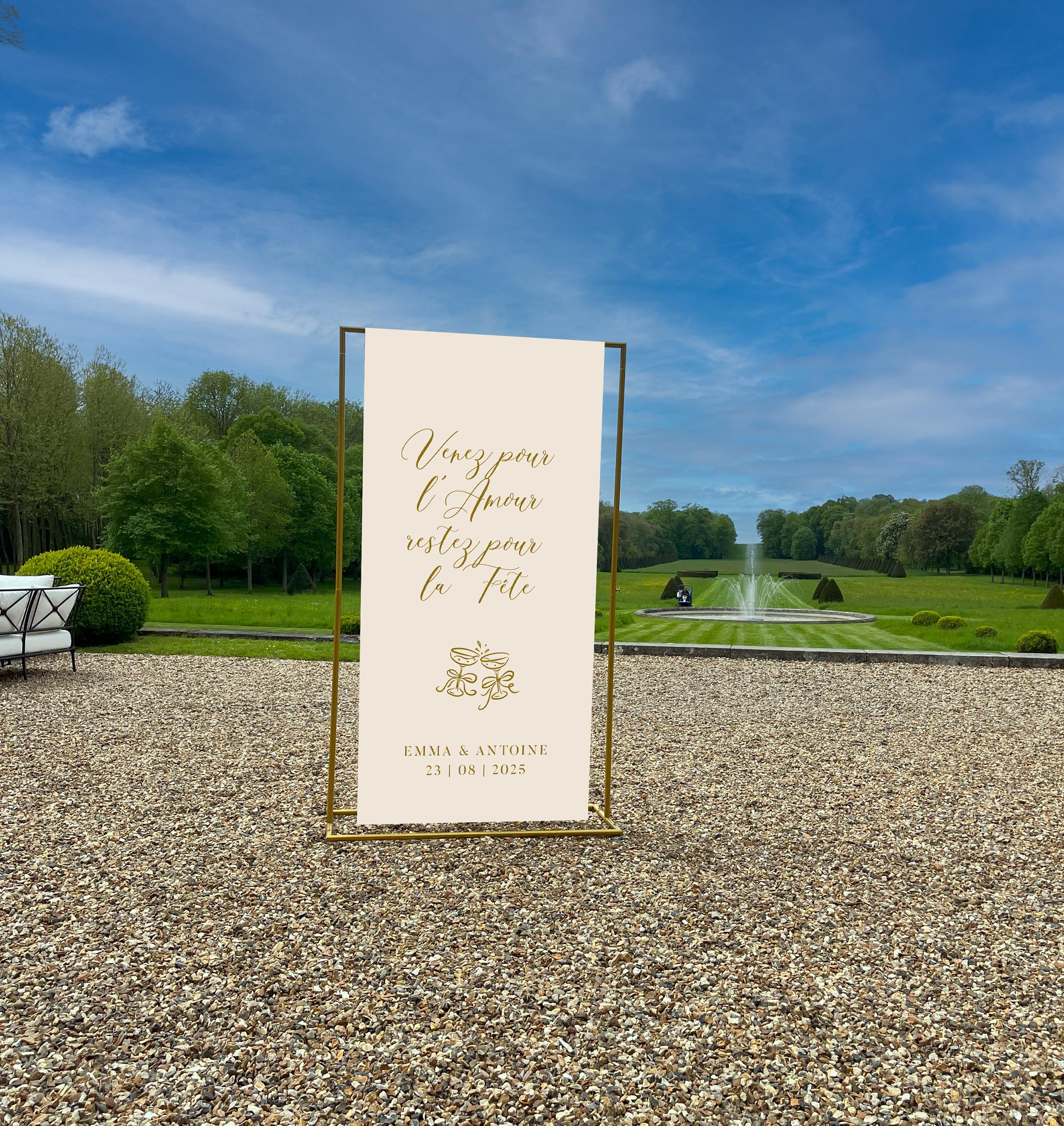 Panneau de mariage en toile aspect lin, design festif ocre avec texte “Venez pour la fête”