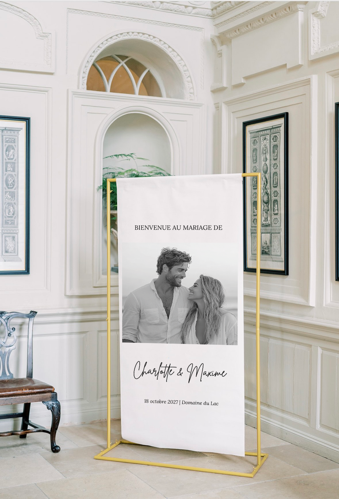 Panneau de bienvenue en lin personnalisé avec photo des mariés, typographie fine et moderne