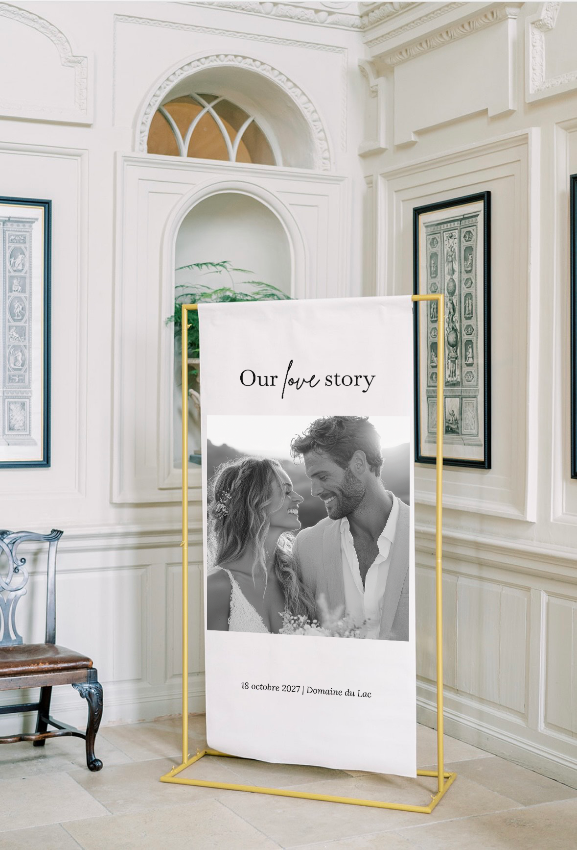 Panneau de bienvenue en lin avec photo des mariés, variations de typographies