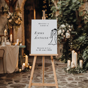 Panneau de bienvenue mariage blanc avec illustration d’un couple de mariés