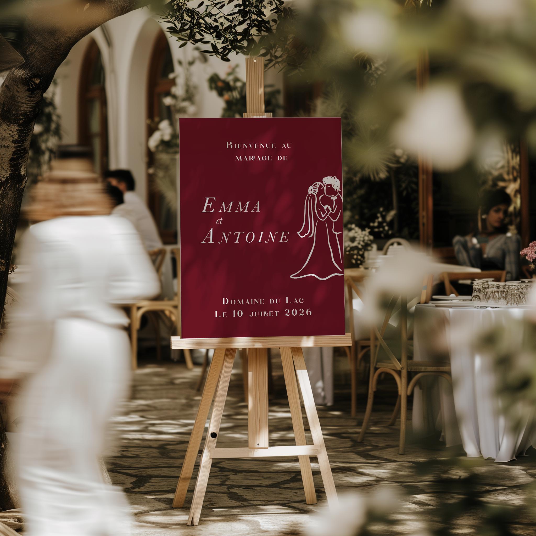Panneau de bienvenue mariage bordeaux avec illustration d’un couple de mariés